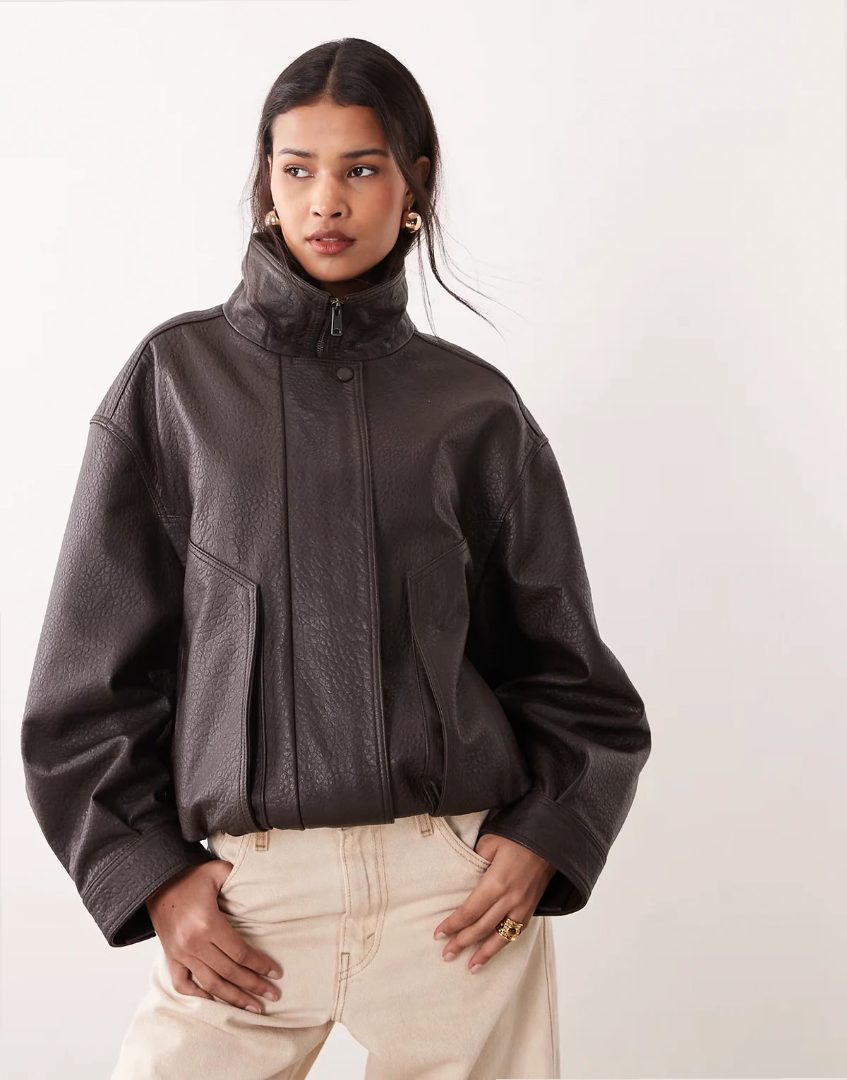 Capsule 100% leather funnel neck jacket in chocolate