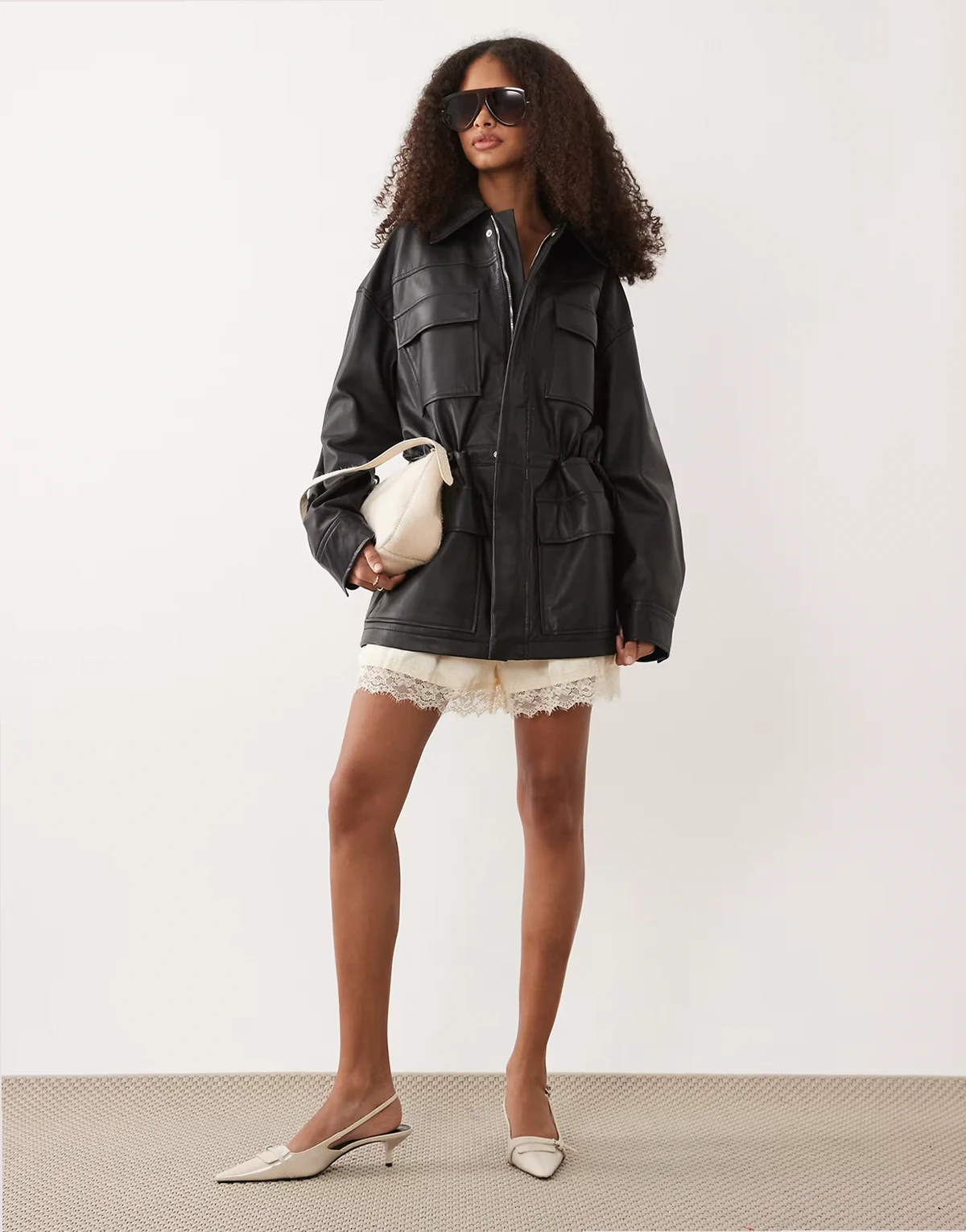 Capsule 100% leather cinched waist jacket in black