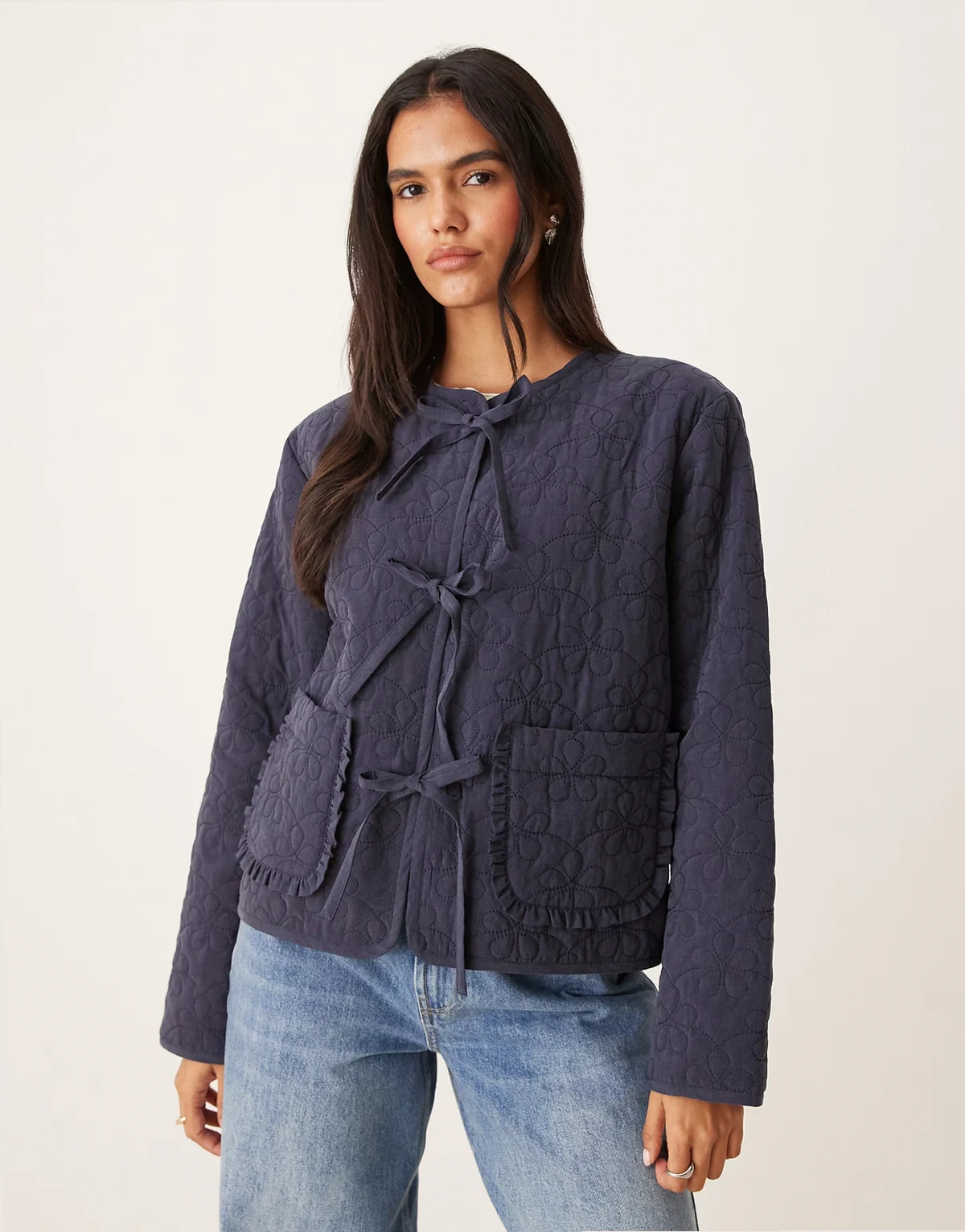 tie-front quilted jacket in navy