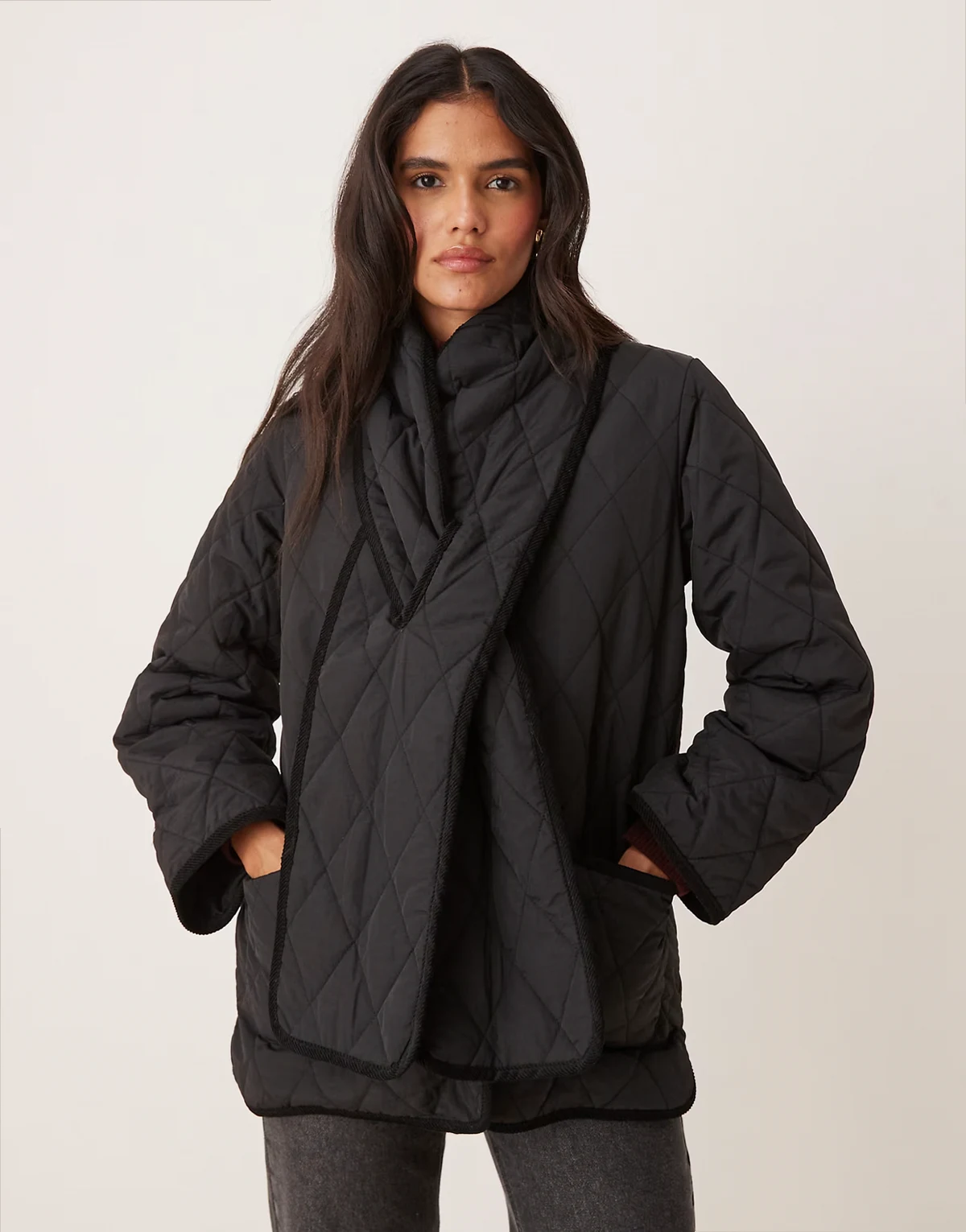 scarf detail quilted jacket in black