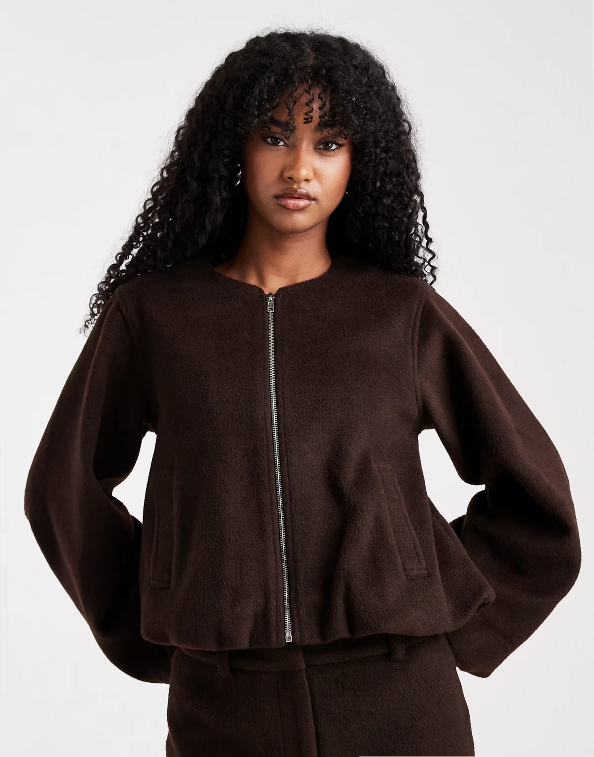 wool feel balloon sleeve collarless bomber jacket in chocolate brown - part of a set