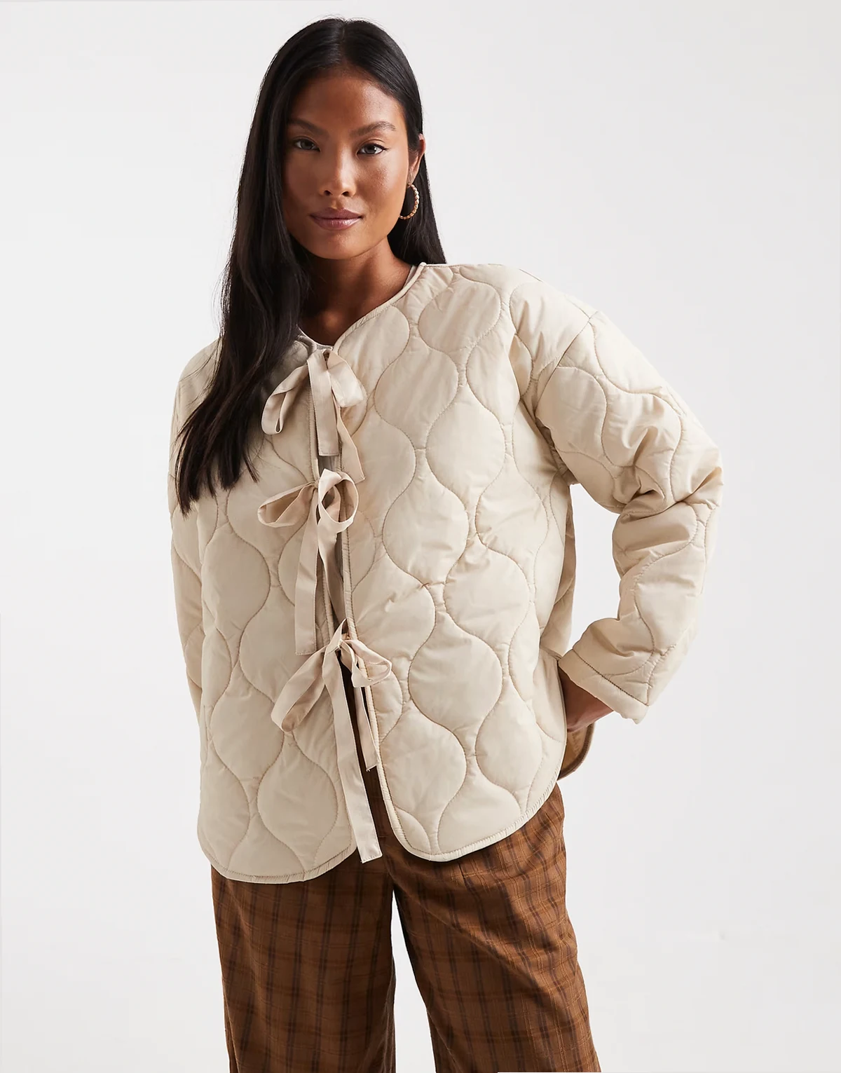 tie front quilted jacket in oatmeal