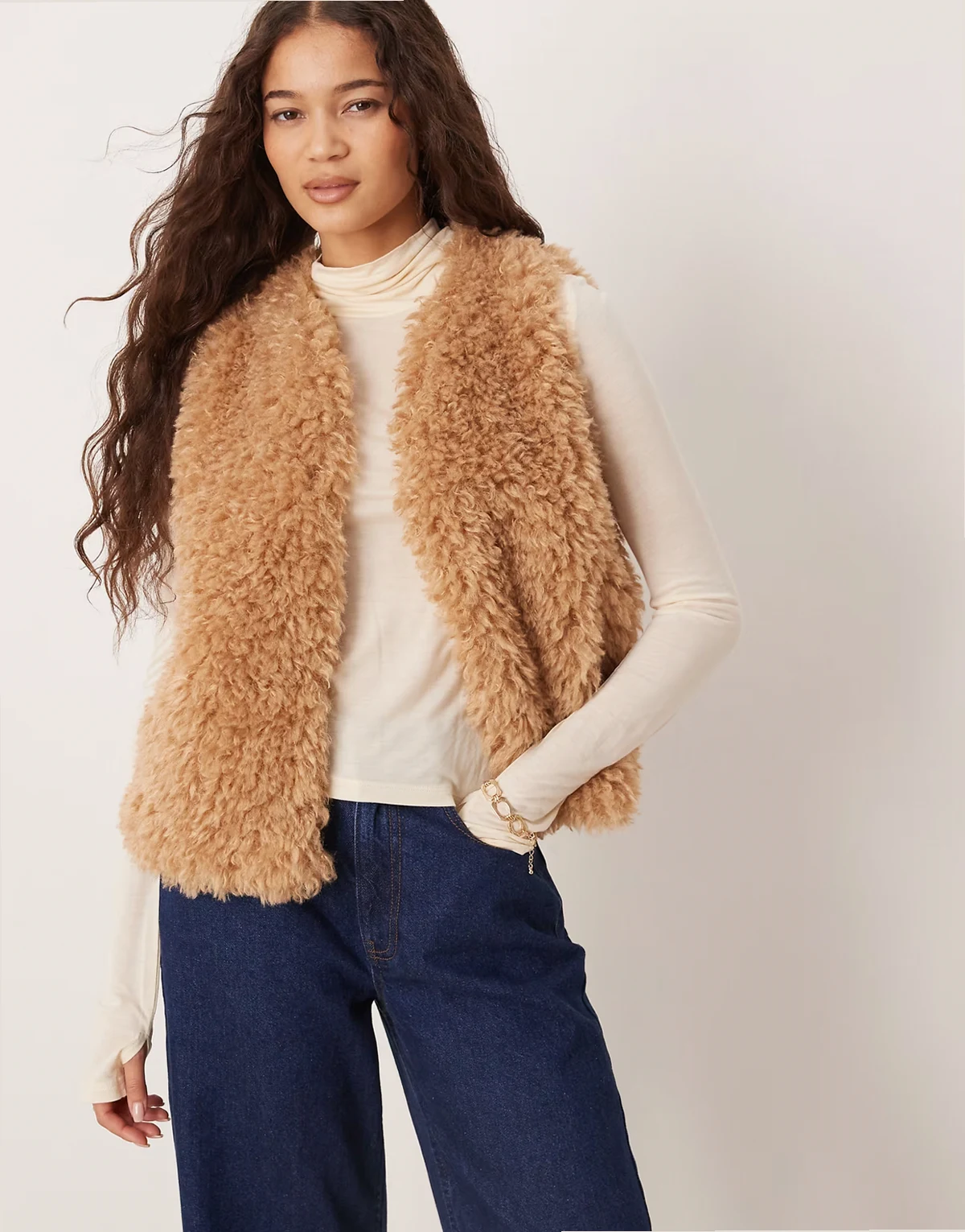 faux fur shearling vest in tan