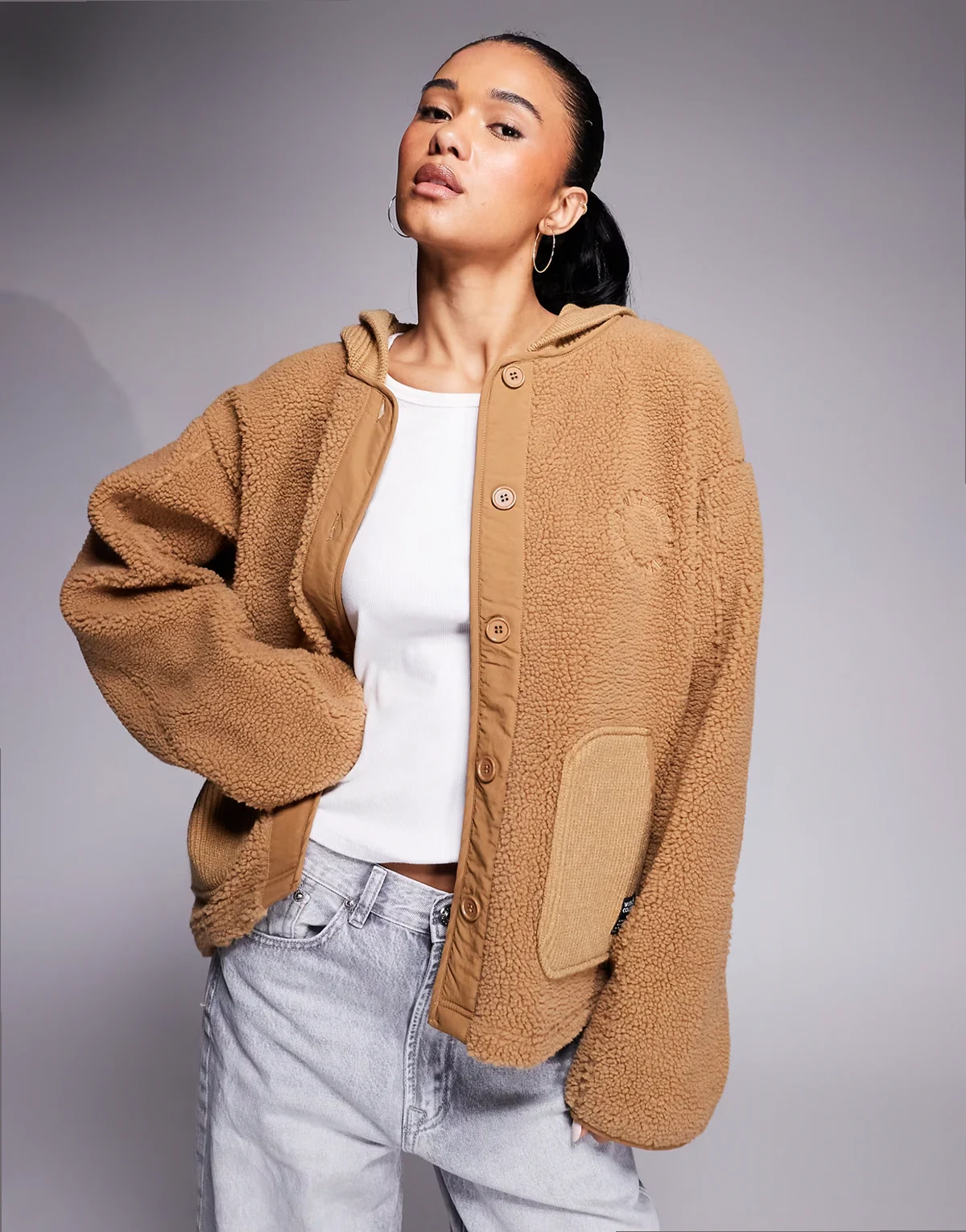 Weekend Collective knit ribbed mix borg hooded jacket in neutral