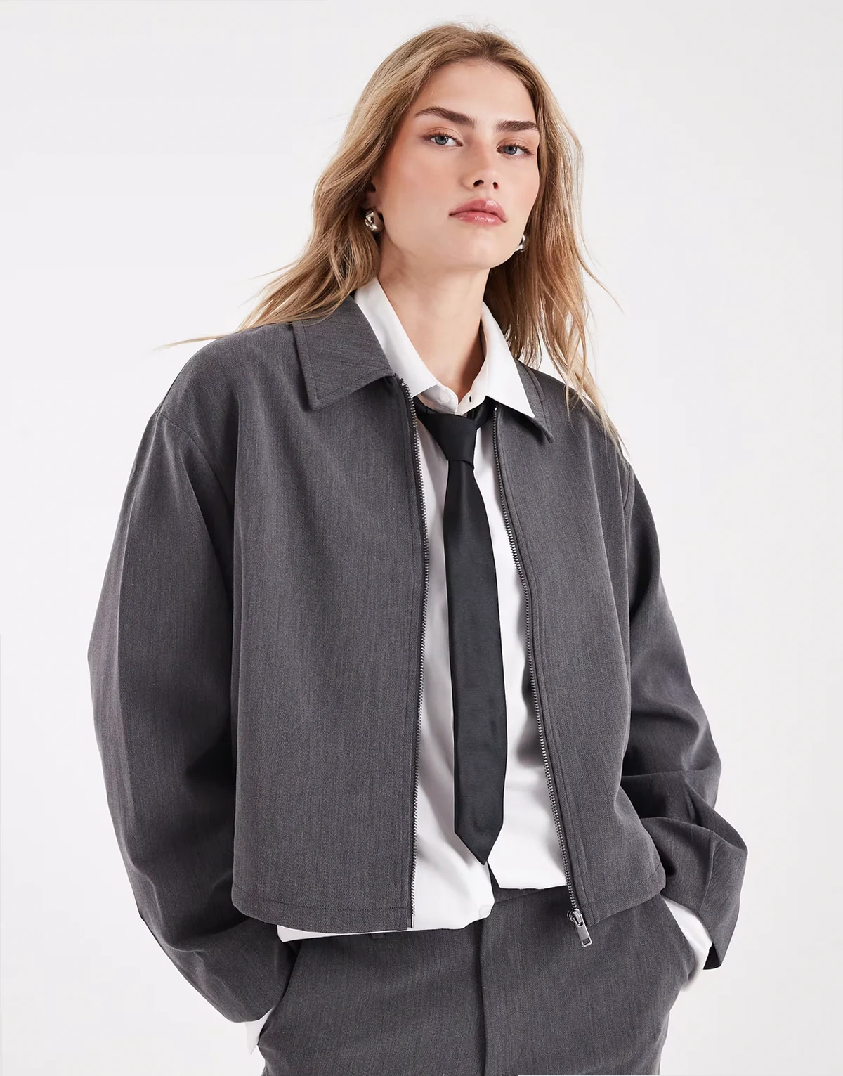 tailored zip up jacket in gray melanage - part of a set