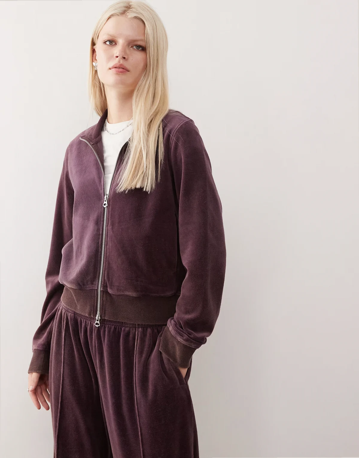 velvet zip through jacket in dark plum - part of a set