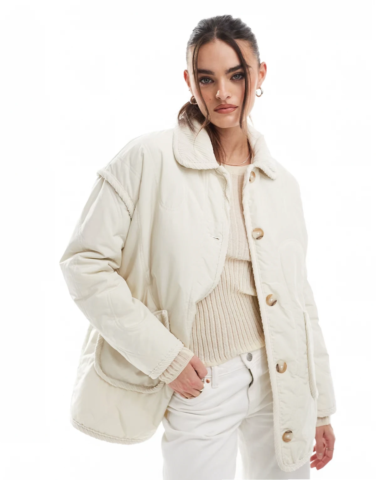 quilted jacket with cord detail in cream