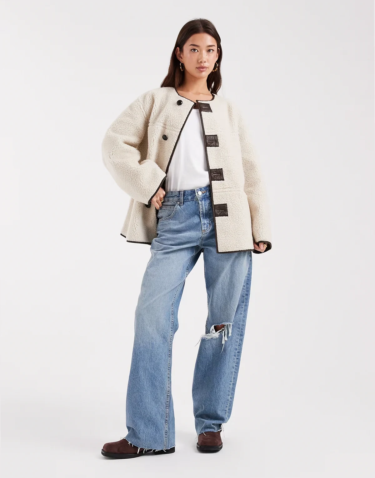 reversible teddy and faux leather jacket in cream and brown