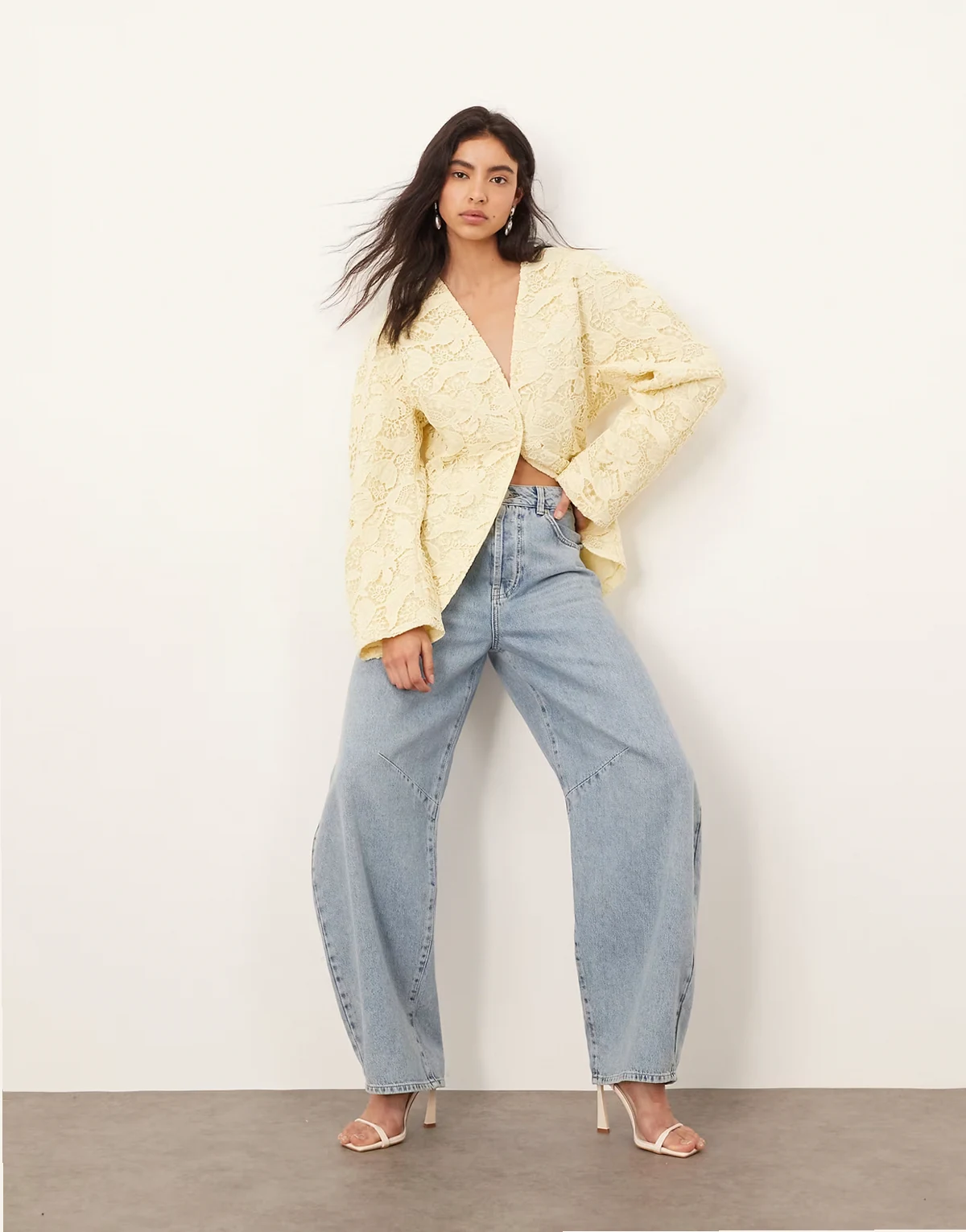 lace domed shoulder cinch waist jacket in buttermilk