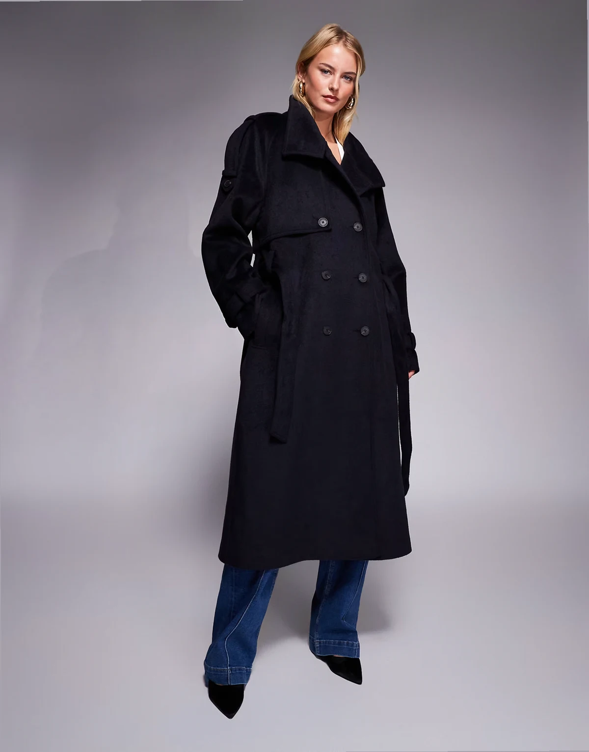 ASOS DESIGN Tall brushed longline funnel neck trench coat in navy