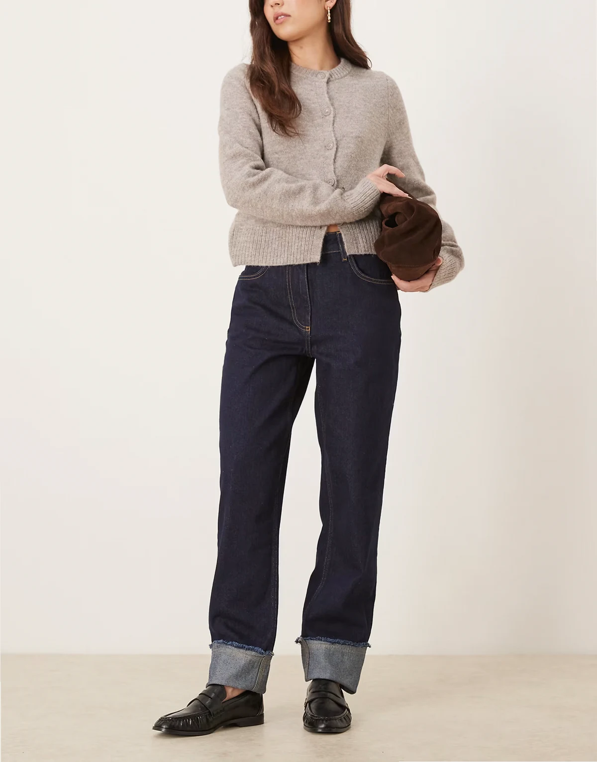 – Dad-Jeans in Indigoblau mit Umschlag und Bündchen in Used-Optik
