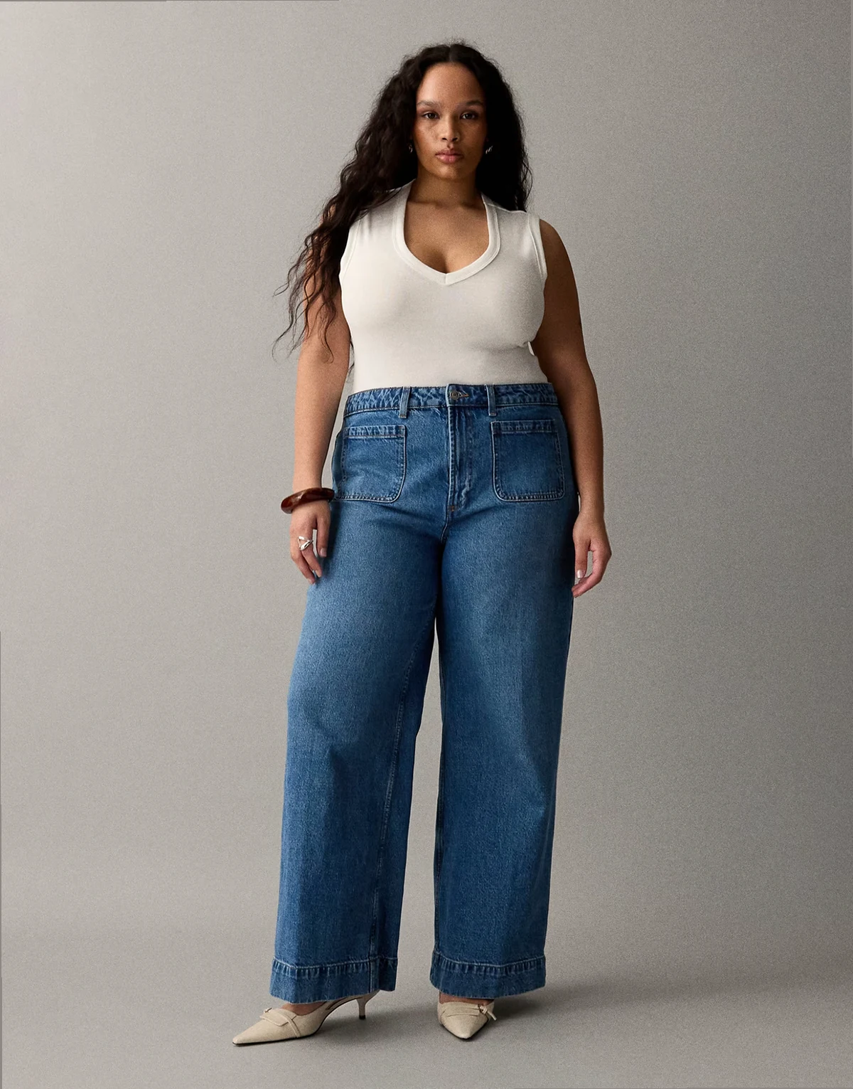 ASOS DESIGN Curve – Niebieskie jeansy z szerokimi nogawkami, podwyższonym stanem i kieszeniami z przodu