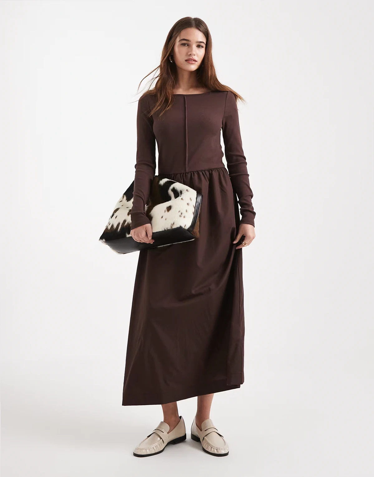 boat neck midi dress with seam detailing in chocolate brown