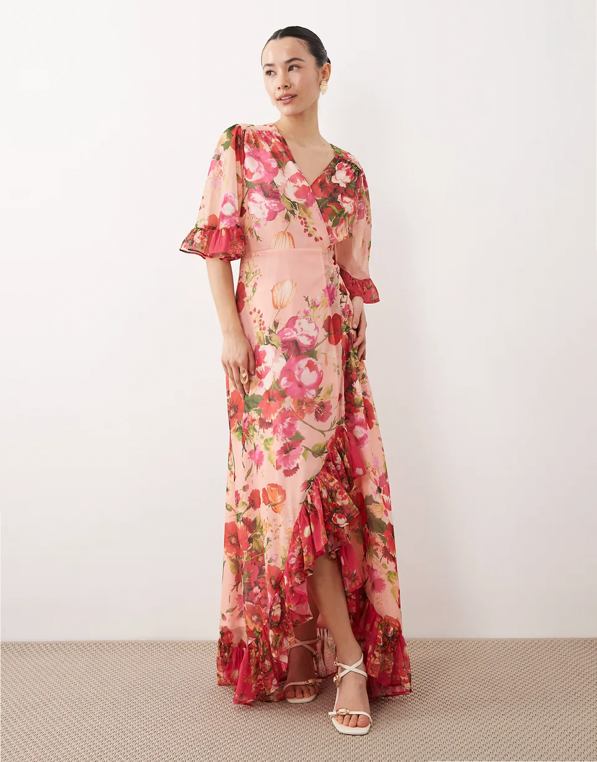 bell sleeve maxi wrap dress in pink mixed floral