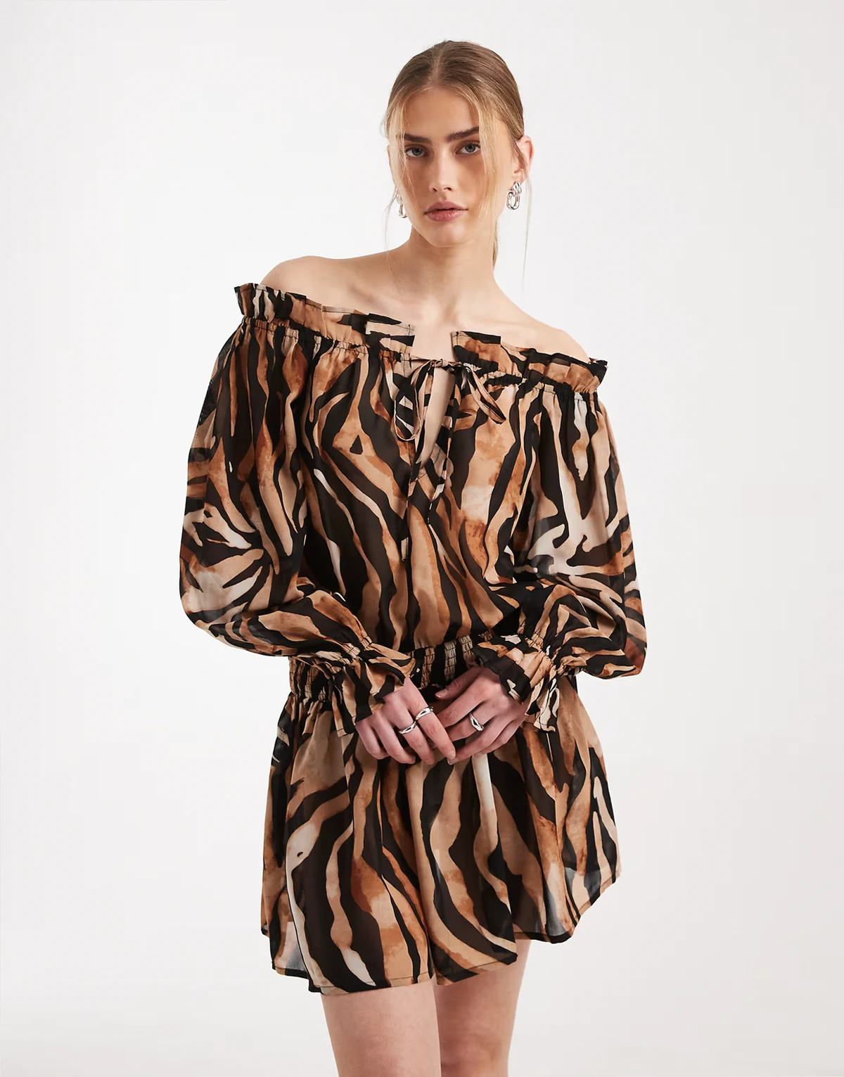 sheer off the shoulder mini beach dress in animal print