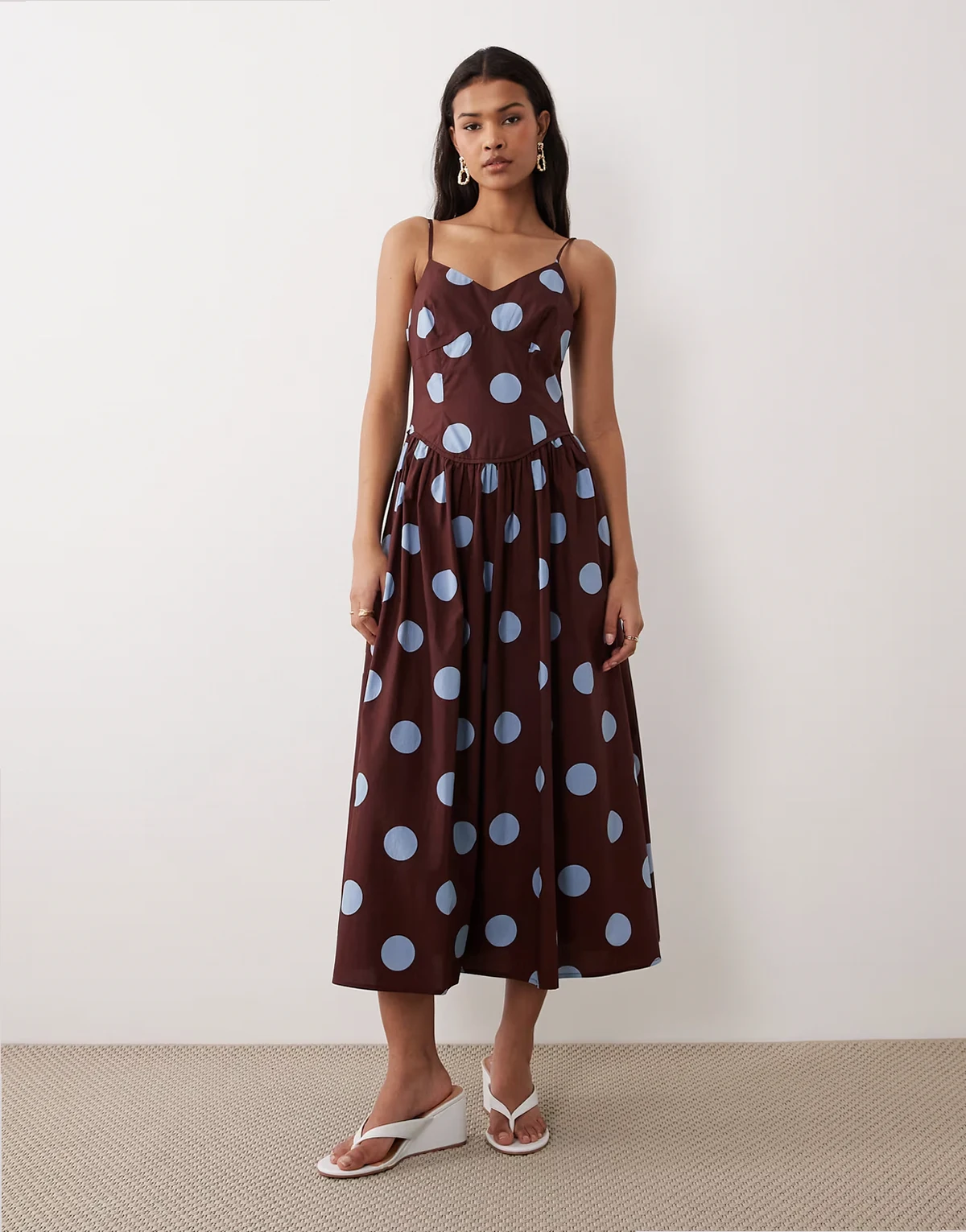 – Renley – Midi-Trägerkleid für besondere Anlässe Braun mit Punktemuster in Blau