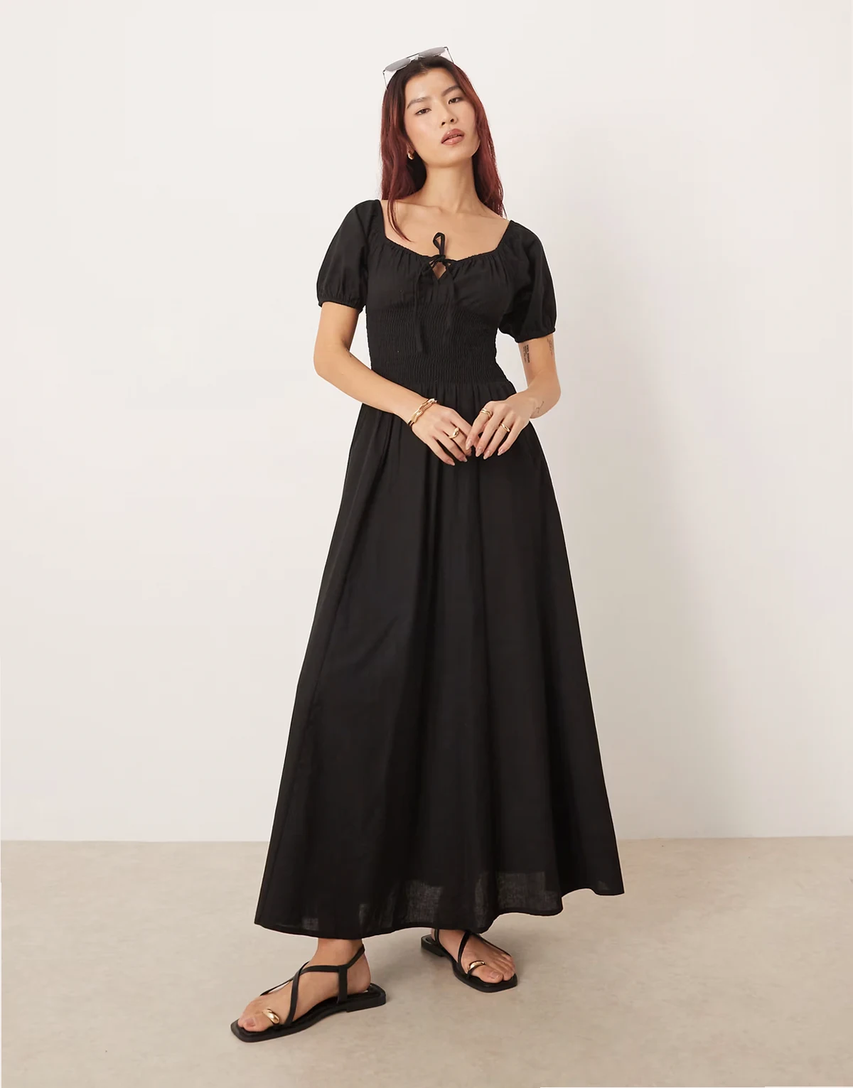 Esmee puff sleeve tie front maxi beach dress in black