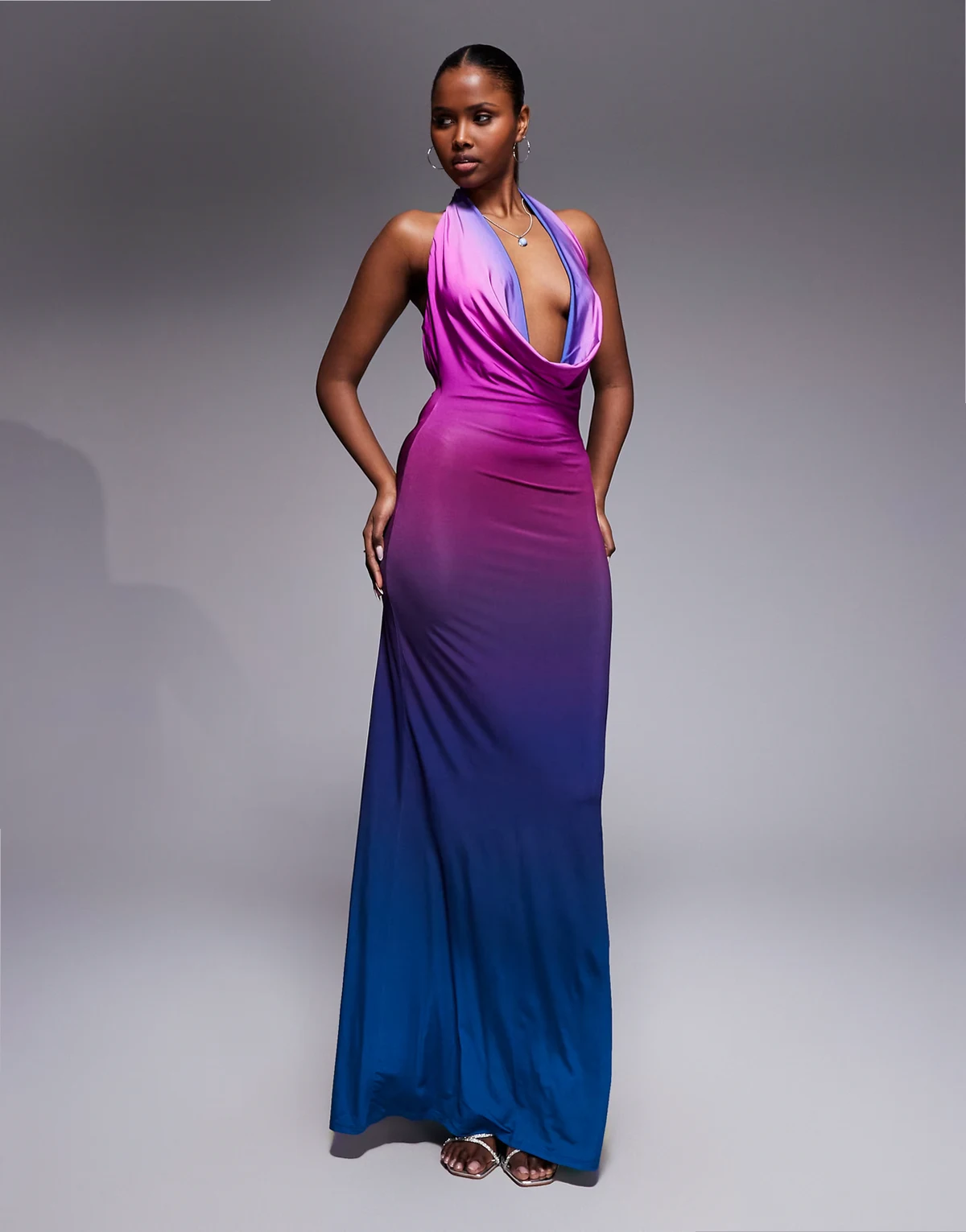 Imade slinky cowl neck halter maxi dress in purple ombré