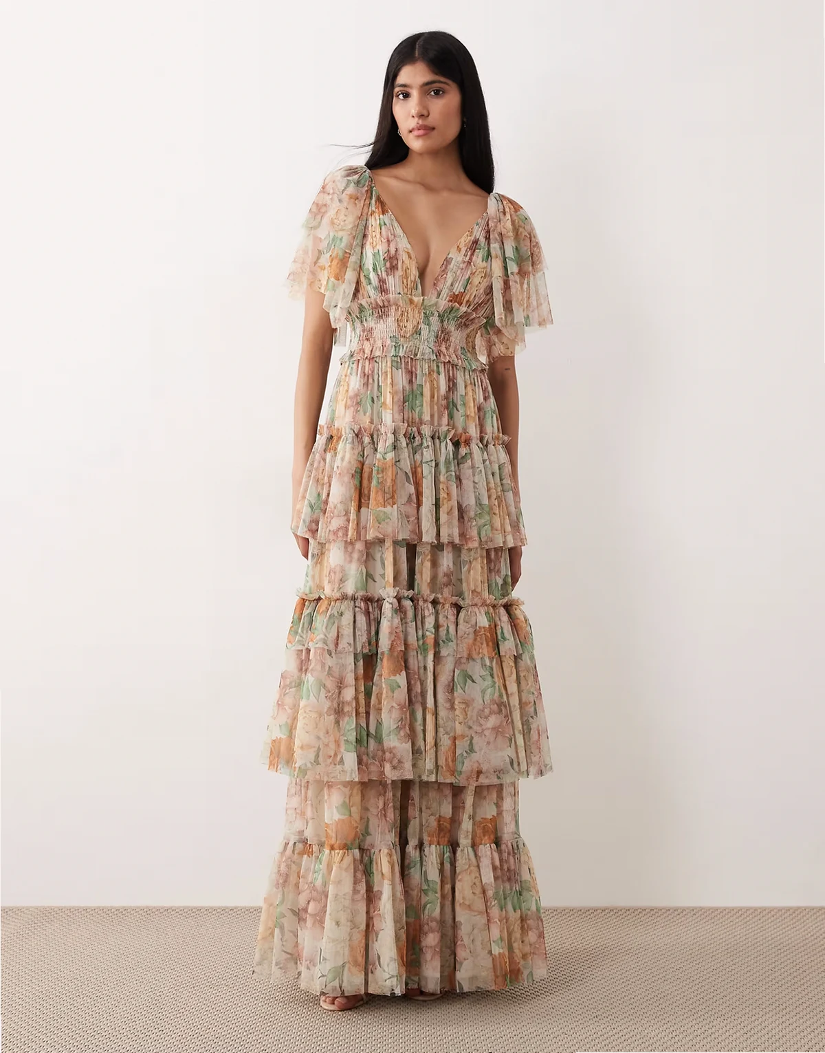 Bridesmaid tulle flutter sleeve tiered maxi dress in soft brown floral