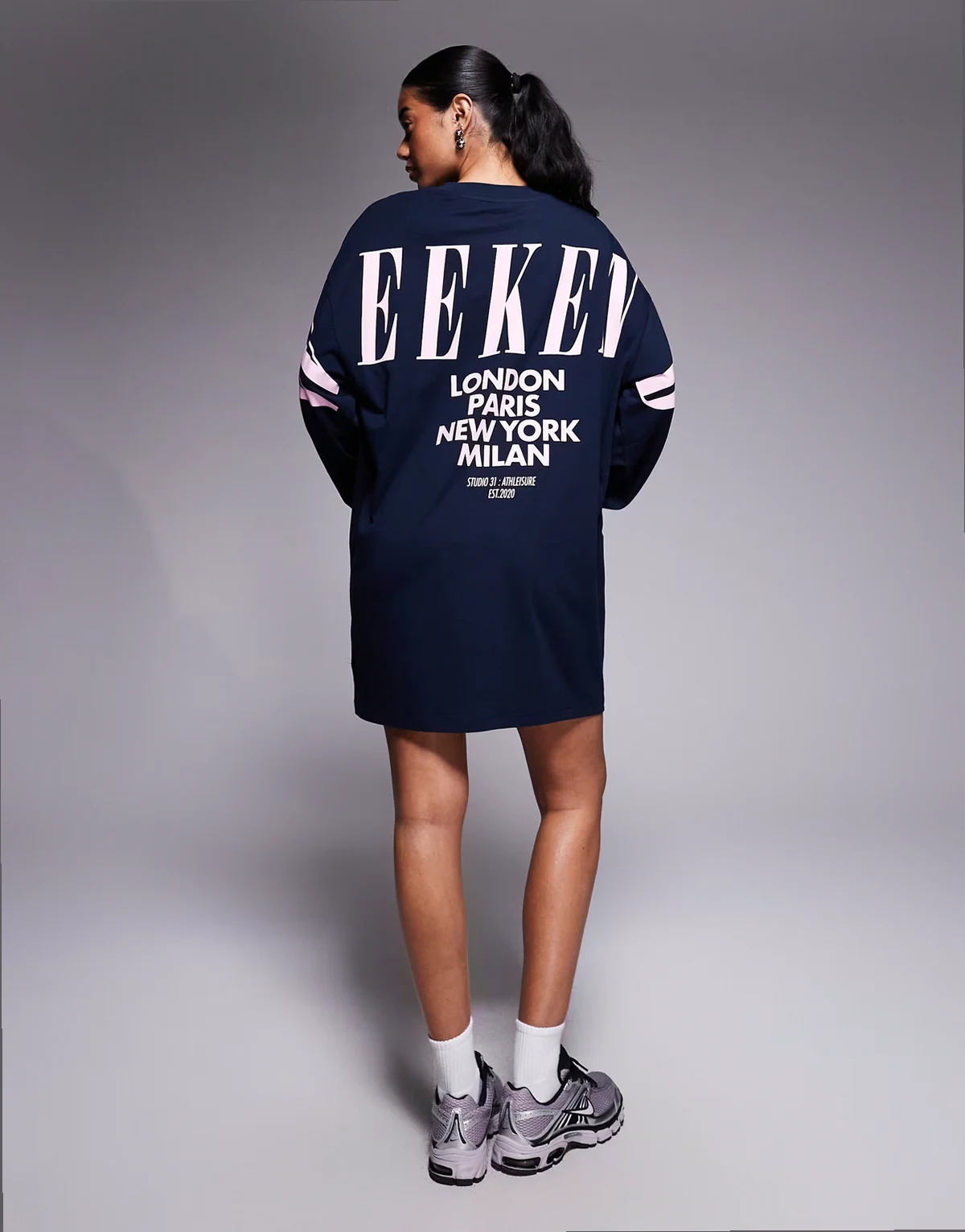 Weekend Collective Icon oversized long sleeve T-shirt dress with stacked back logo in navy and pink