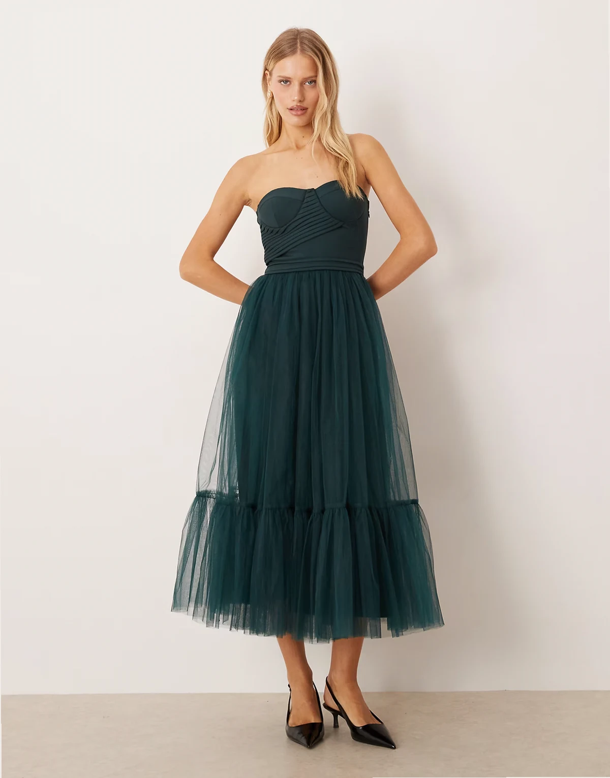 bandeau tulle midaxi dress in emerald