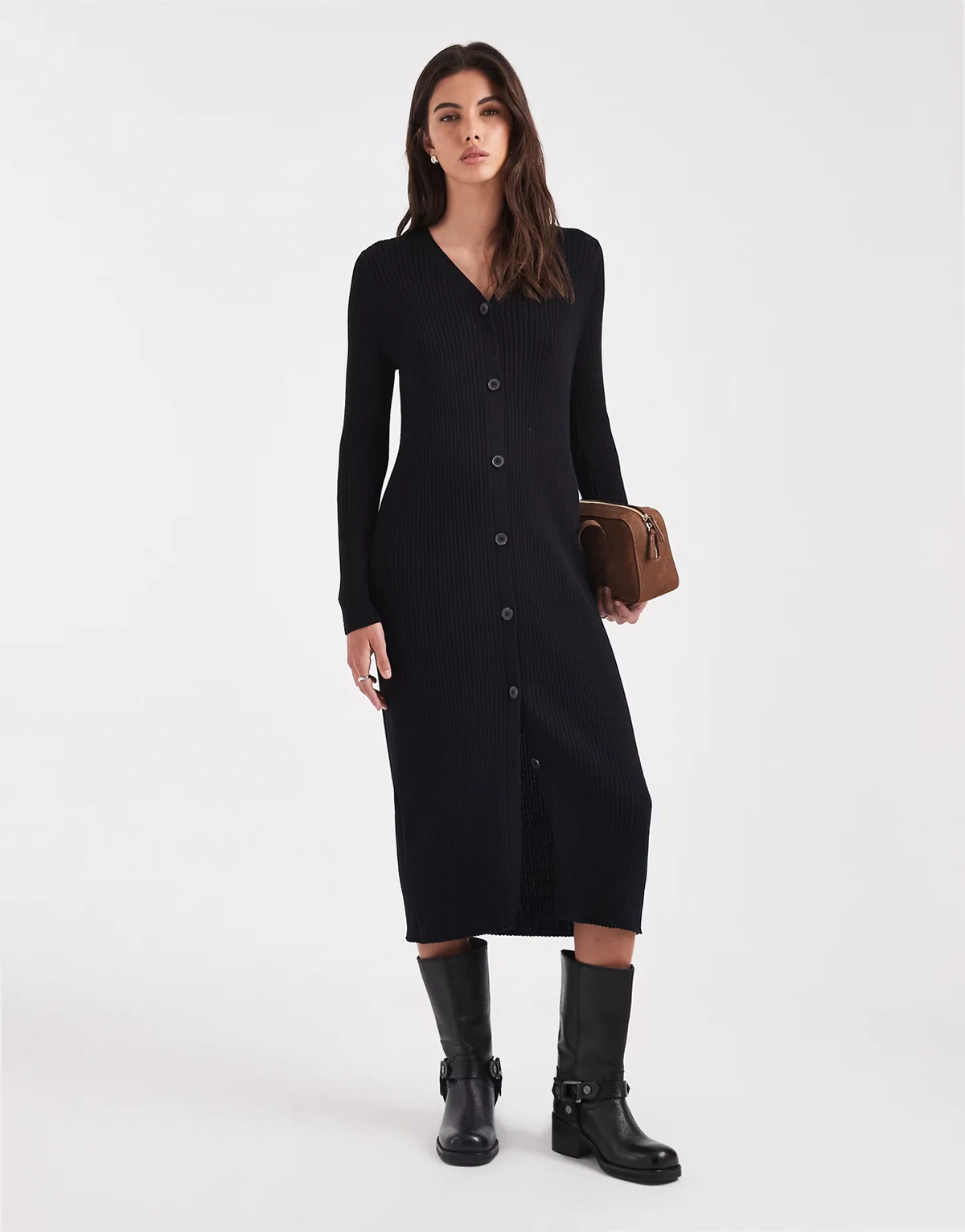 button down knit maxi dress in black