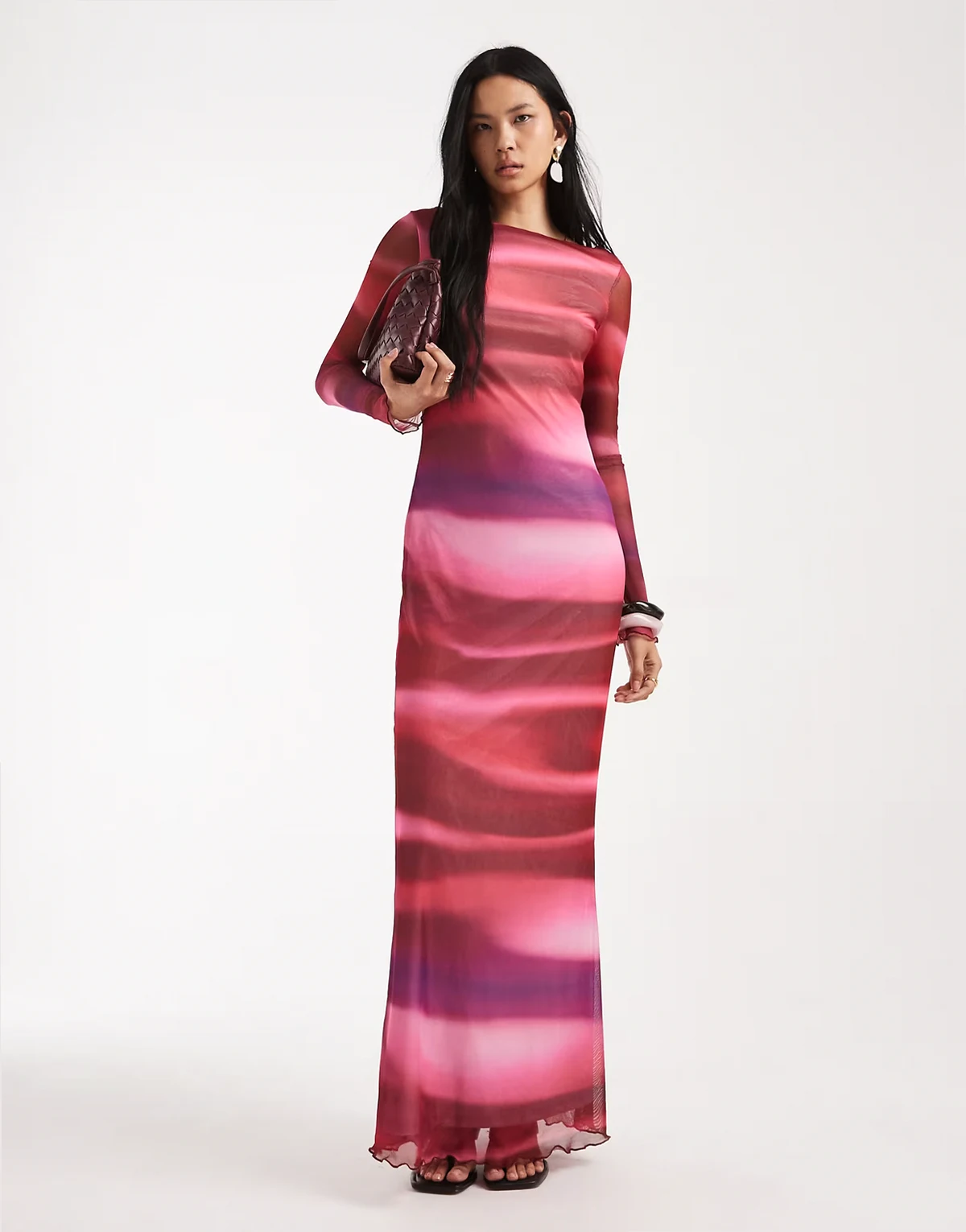 long sleeve mesh maxi dress in pink abstract print