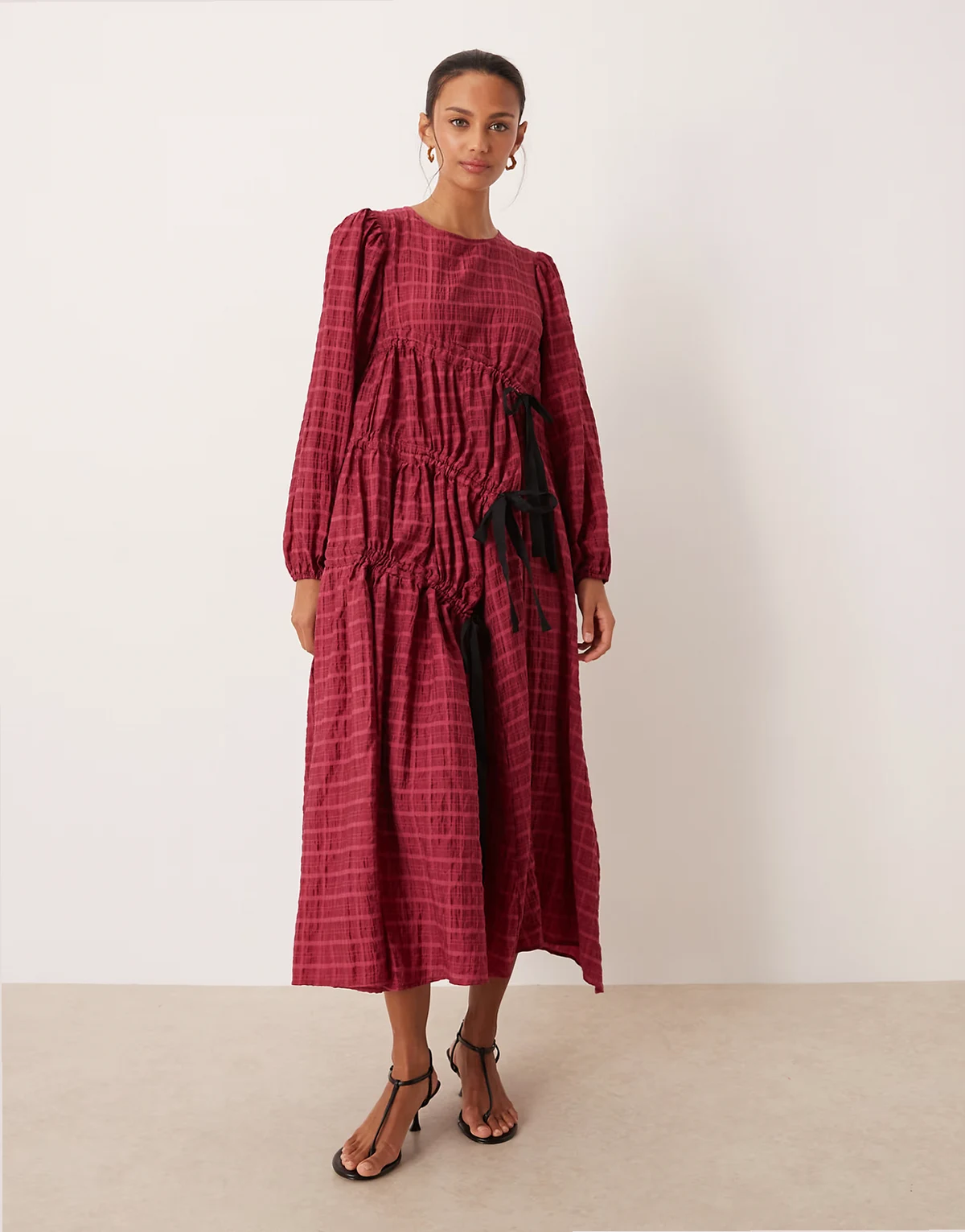 cotton rich ruched detail midi dress in wine plaid print