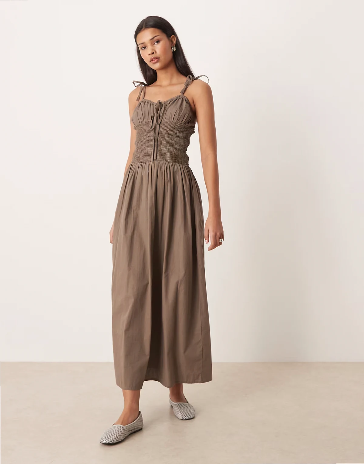 shirred detail maxi beach dress in brown