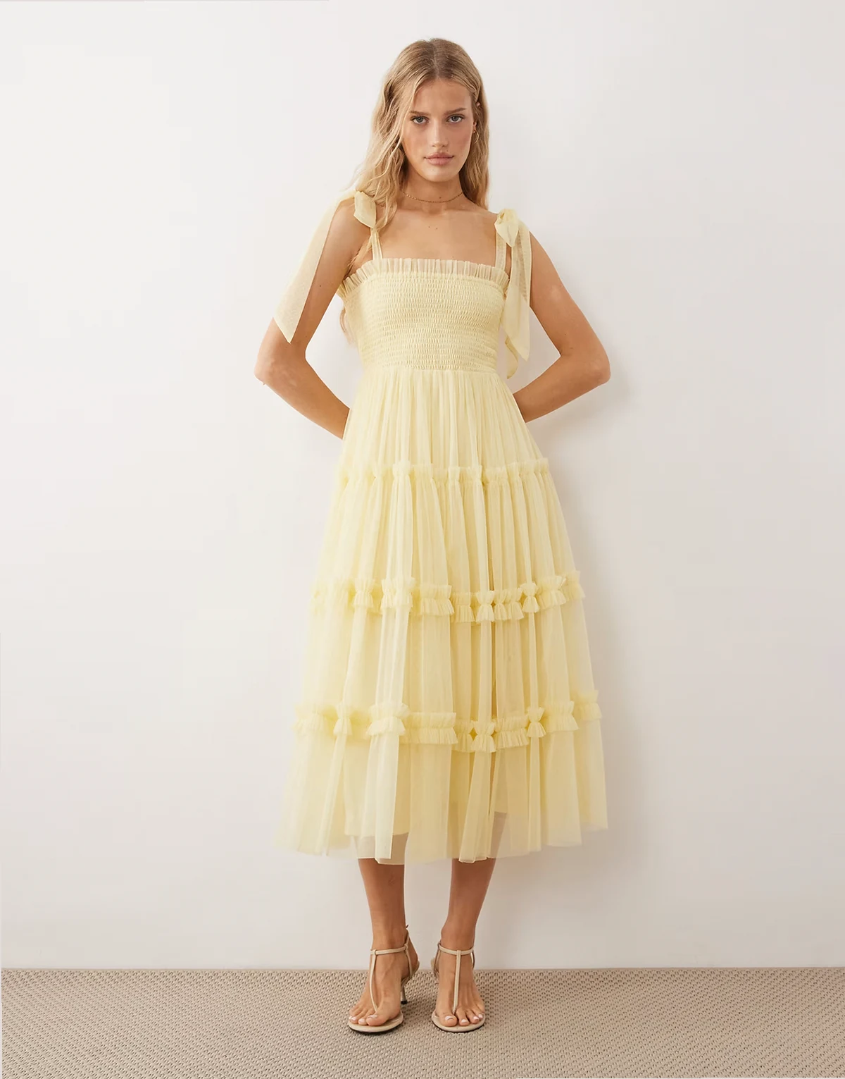Bridesmaid bow shoulders tulle midi dress in lemon