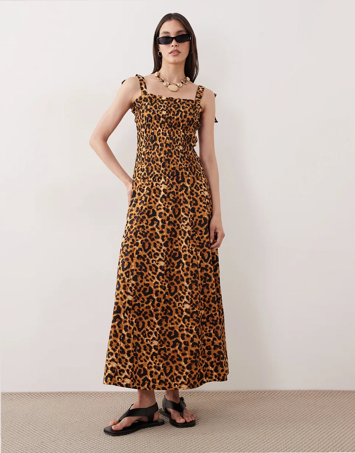 tie strap maxi beach dress in leopard print