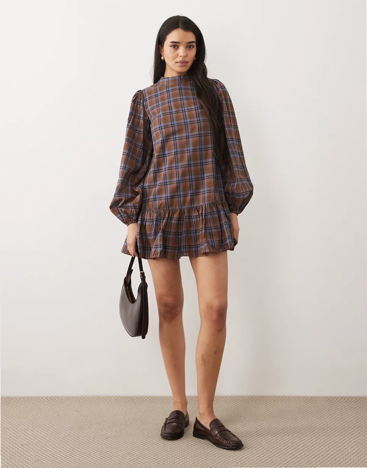 puff sleeve high neck mini dress in blue brown plaid