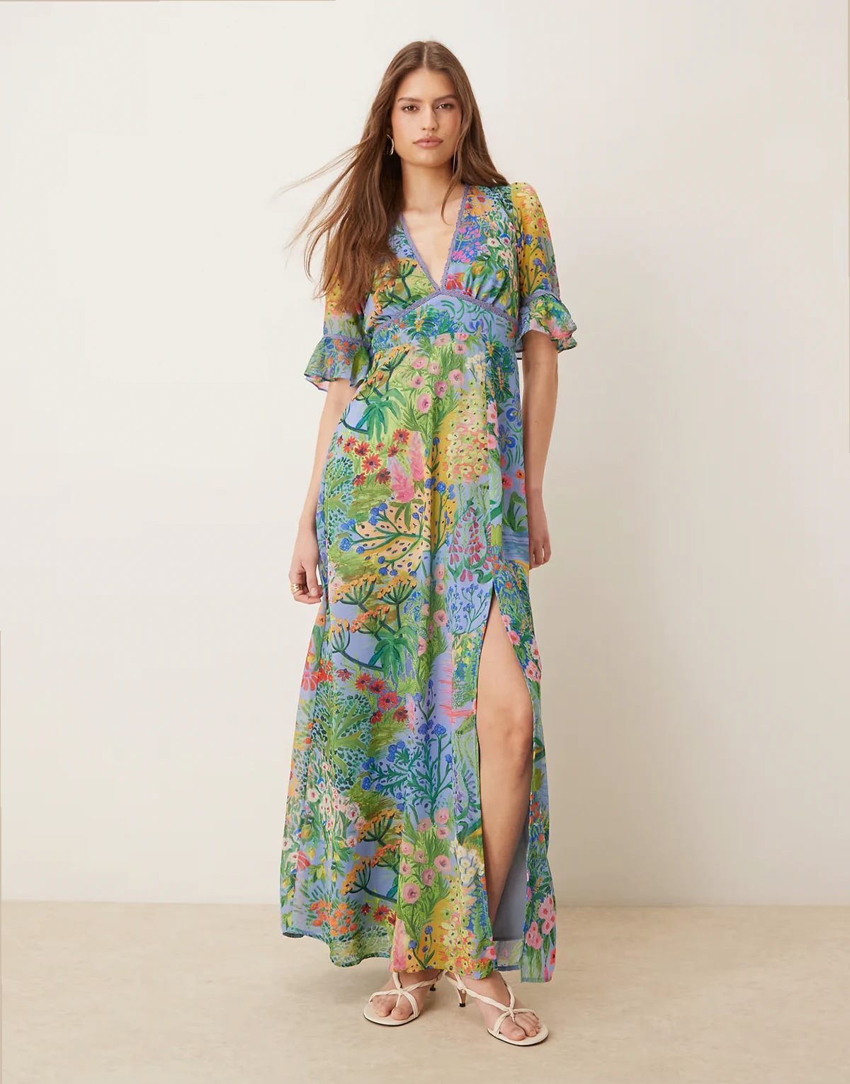 frill sleeve thigh split open back maxi dress in blue floral