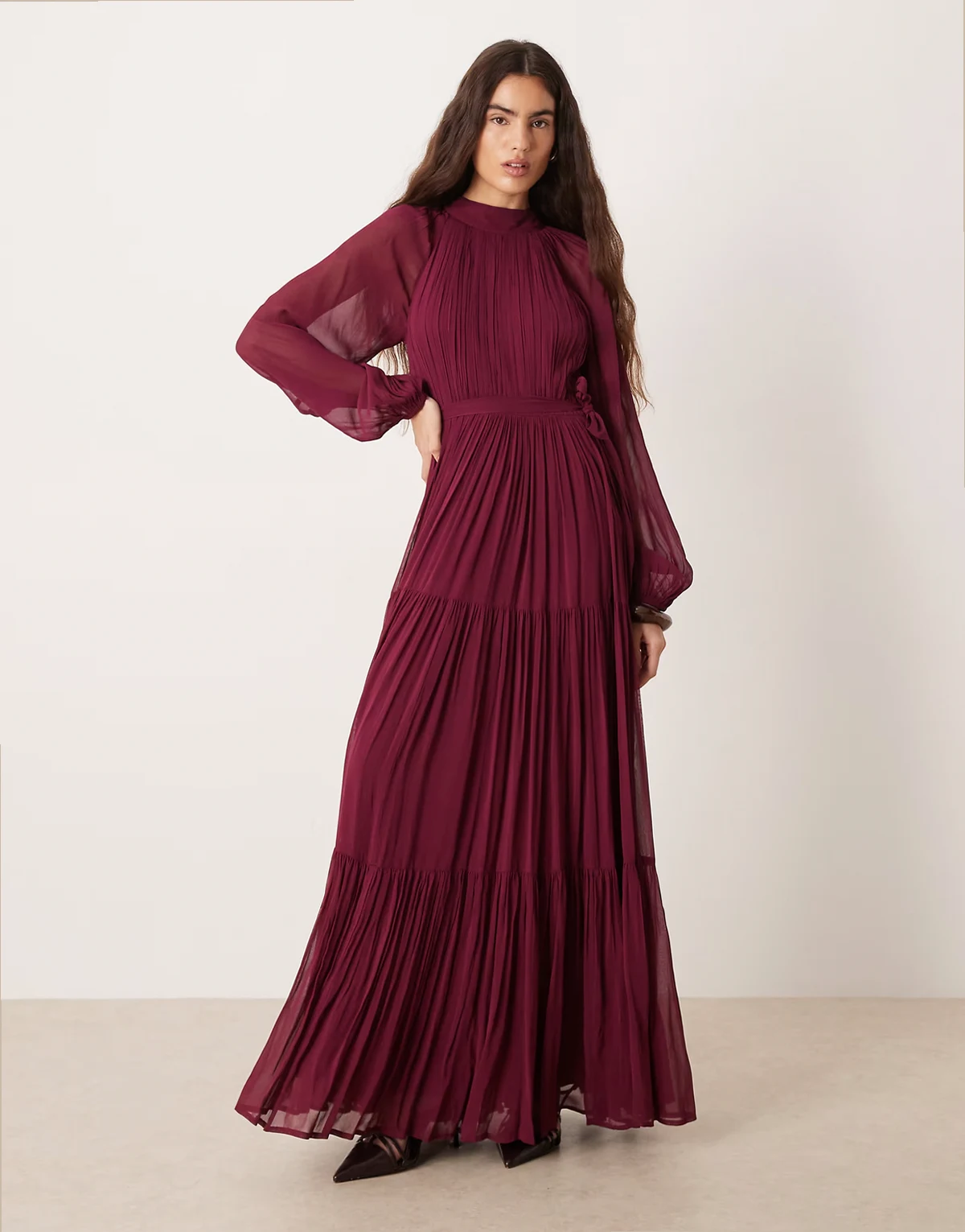 chiffon balloon sleeve tie waist pleated tiered maxi dress in burgundy