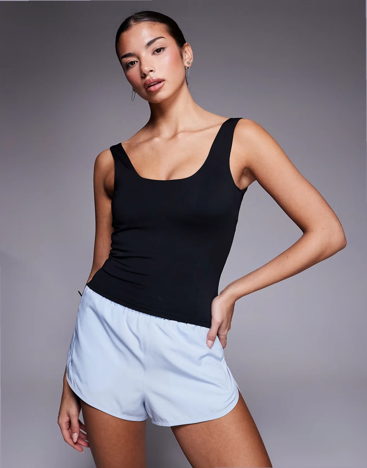 active square neck tank top with shelf bra in black