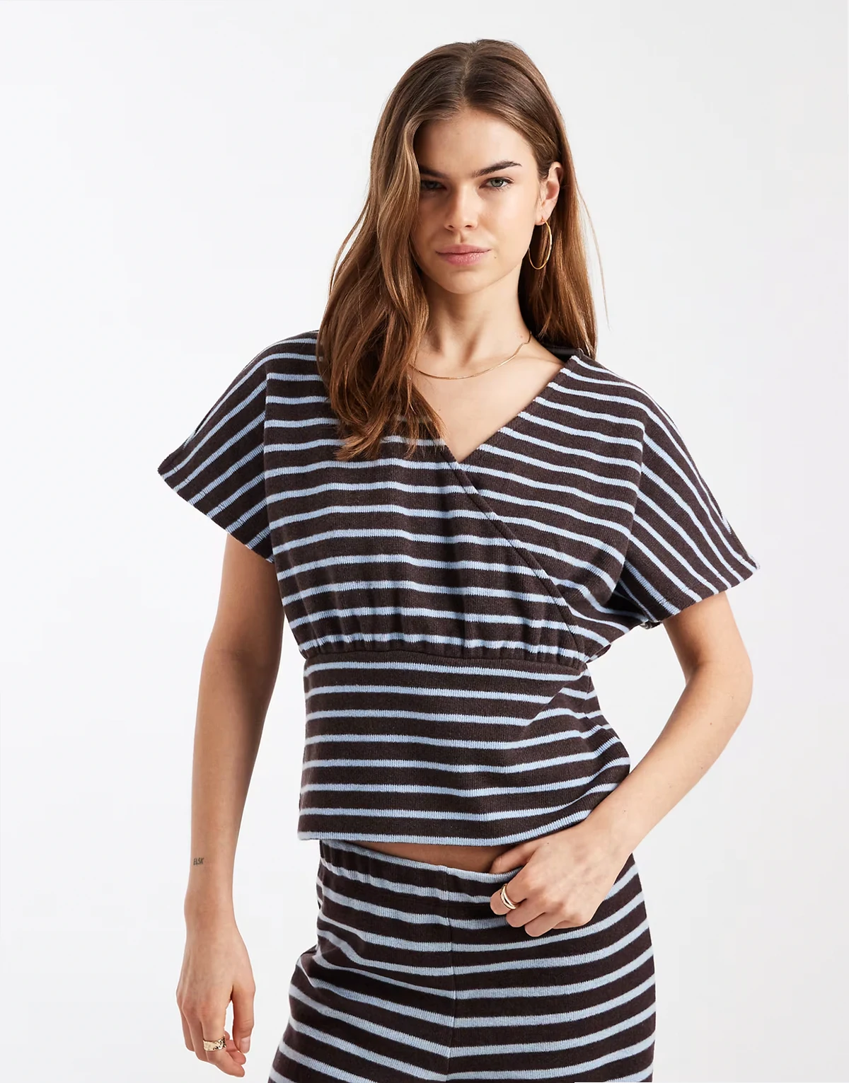 short sleeve wrapped cinched top in stripes - part of a set