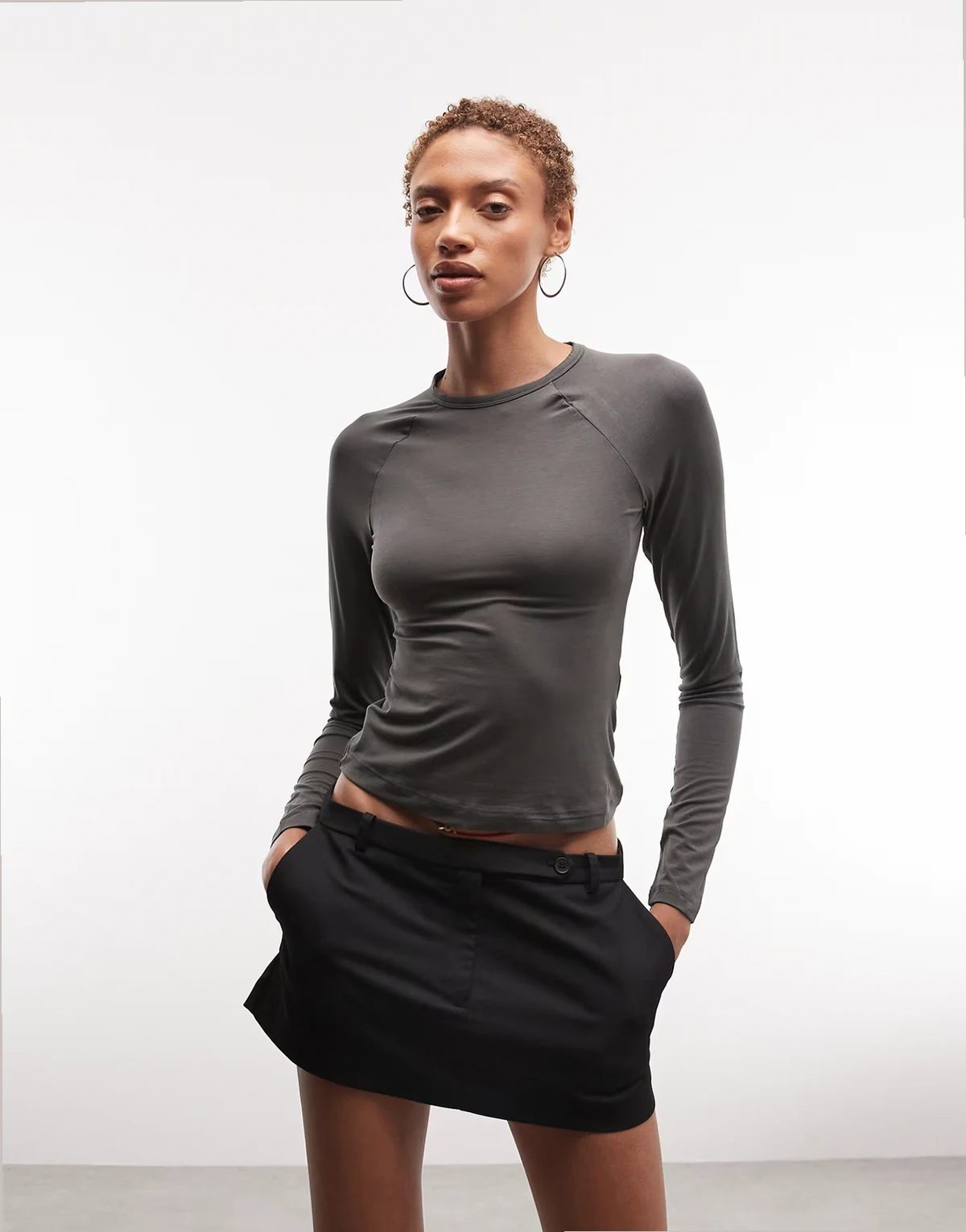 plunge long sleeve top in dark gray exclusive to ASOS