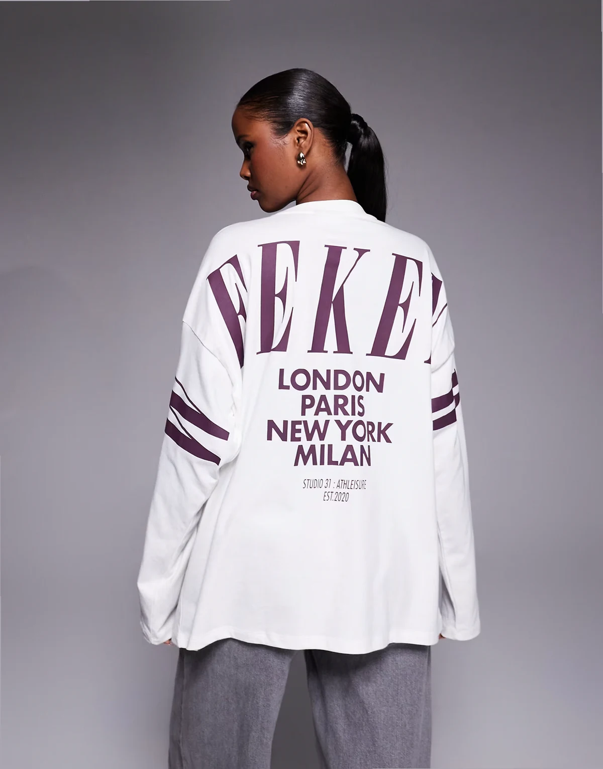 Weekend Collective Icon long sleeve T-shirt with stacked back logo in cream and plum