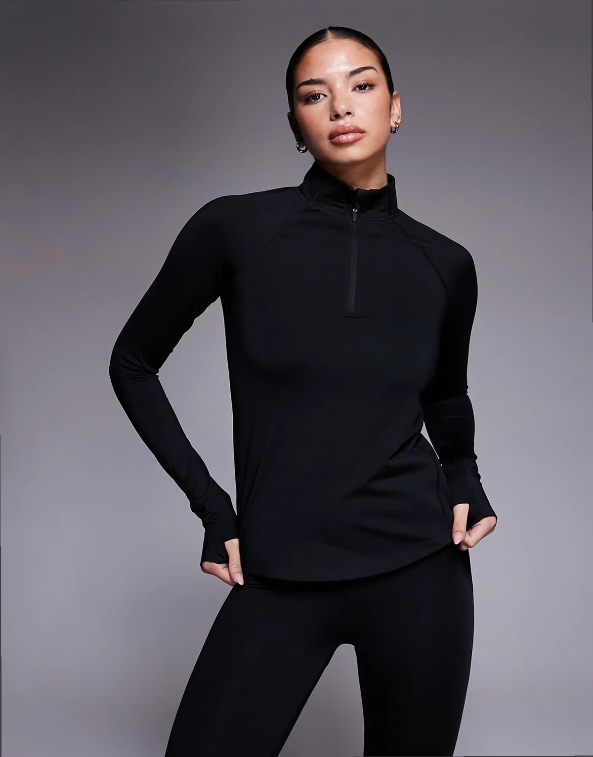Icon thermal quarter zip long sleeve running top in black