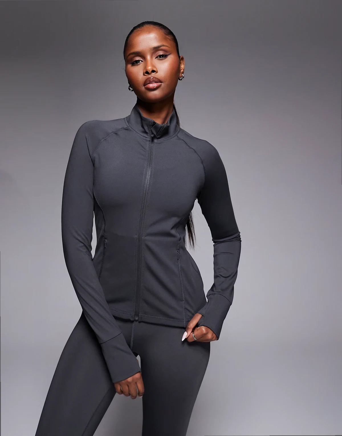 Icon active zip-up sculpting long sleeve jacket with zip pockets in smoke gray