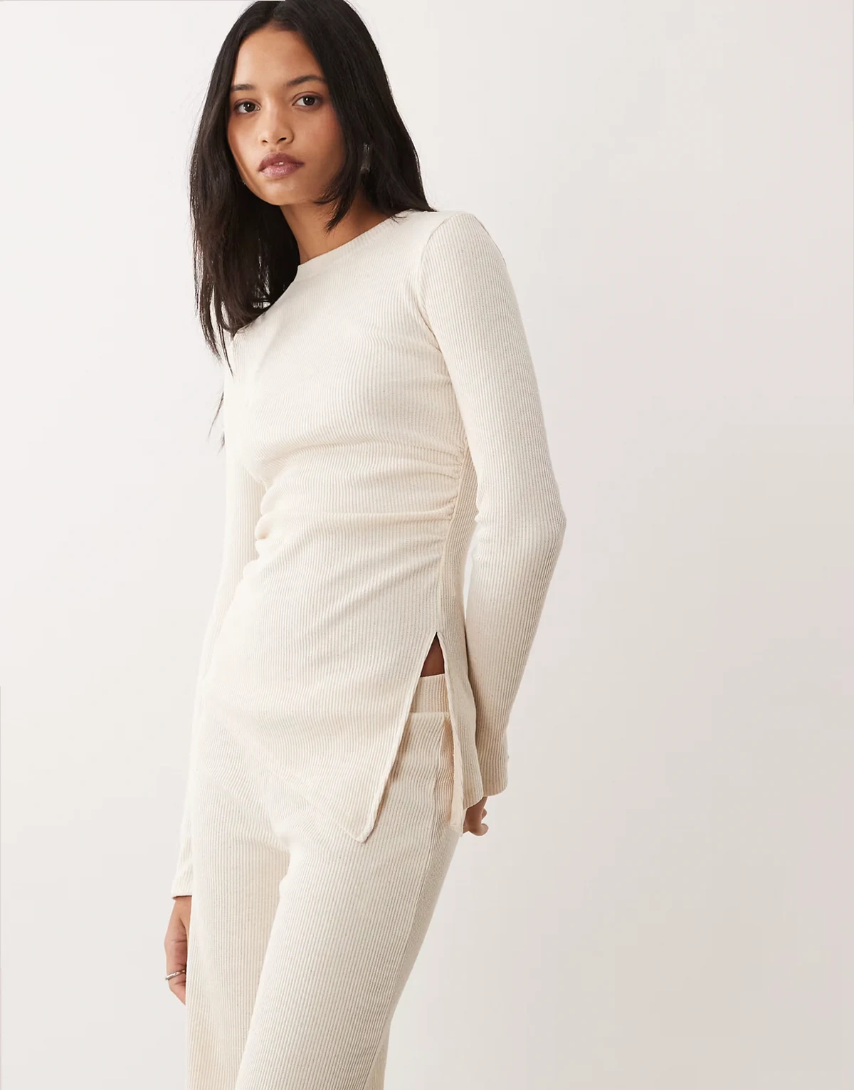 ribbed long sleeve cinched waist top in cream - part of a set