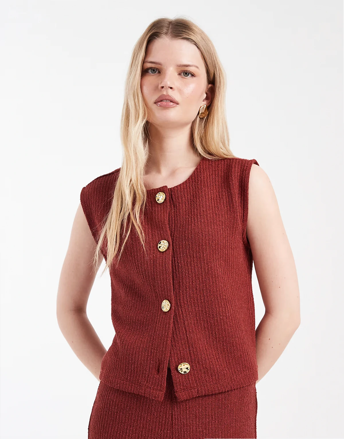 rib knit vest with gold-tone button details in rust - part of a set