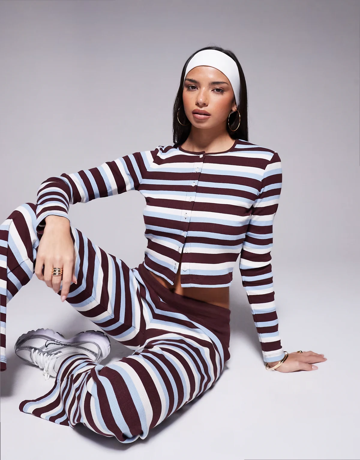 exclusive ribbed button up long sleeve top in blue & chocolate stripe - part of a set