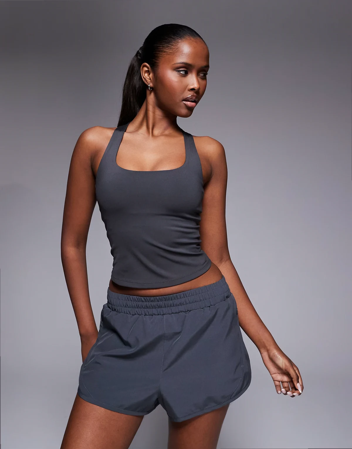 active high support running tank top with inner bra and adjustable straps in smoke gray
