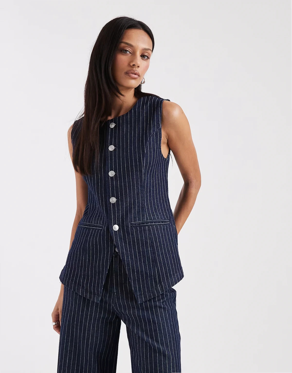 longline denim vest in dark blue pinstripes - part of a set