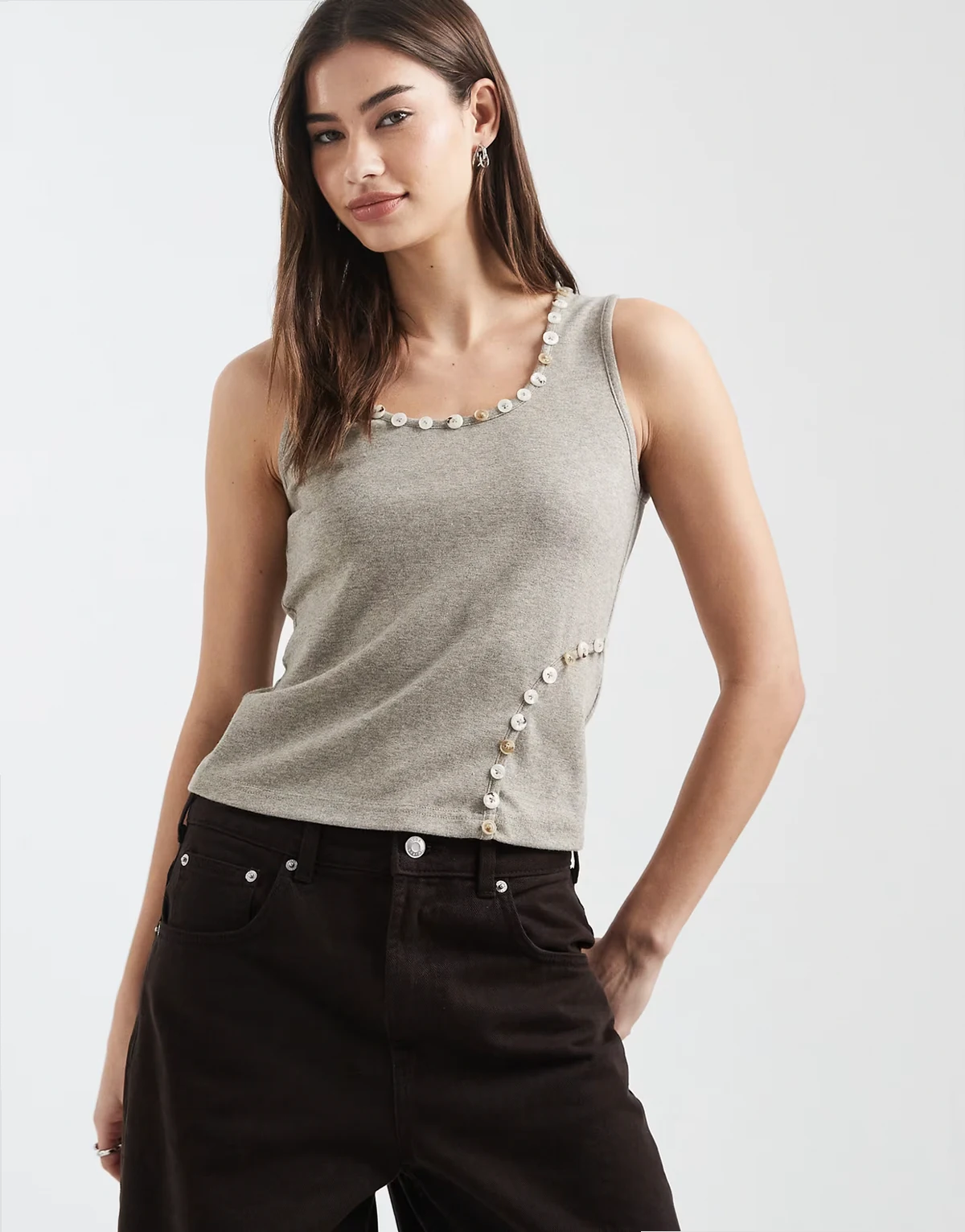 scoop neck tank top with button detailing in gray