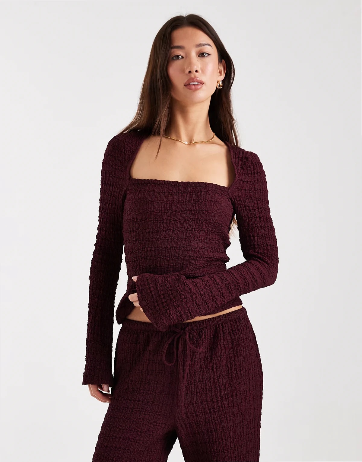 mix & match textured square neck flared sleeve top in burgundy