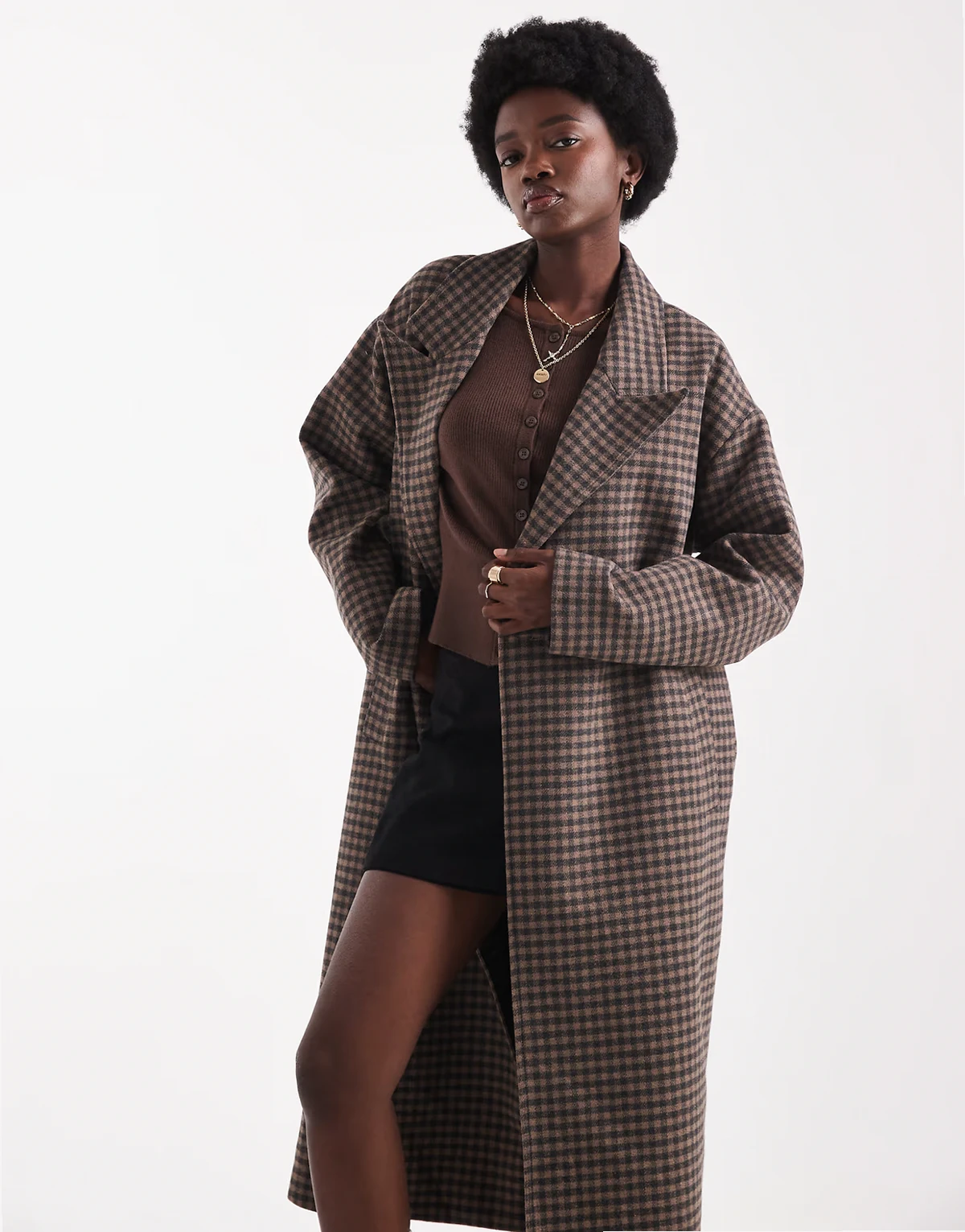 oversized longline wool blend overcoat in brown