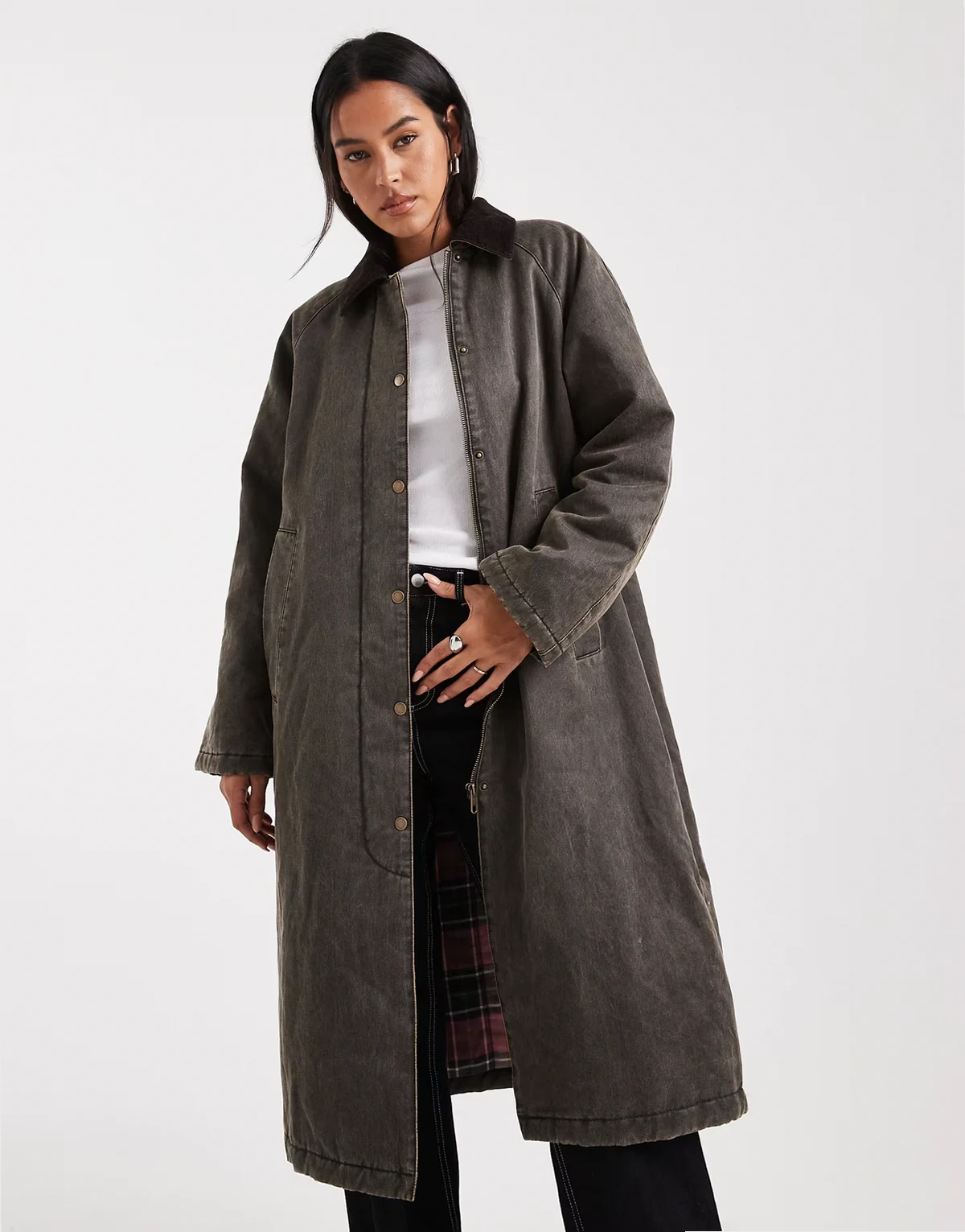 – Wattierte Longline-Barnjacke in verwaschenem Schokobraun