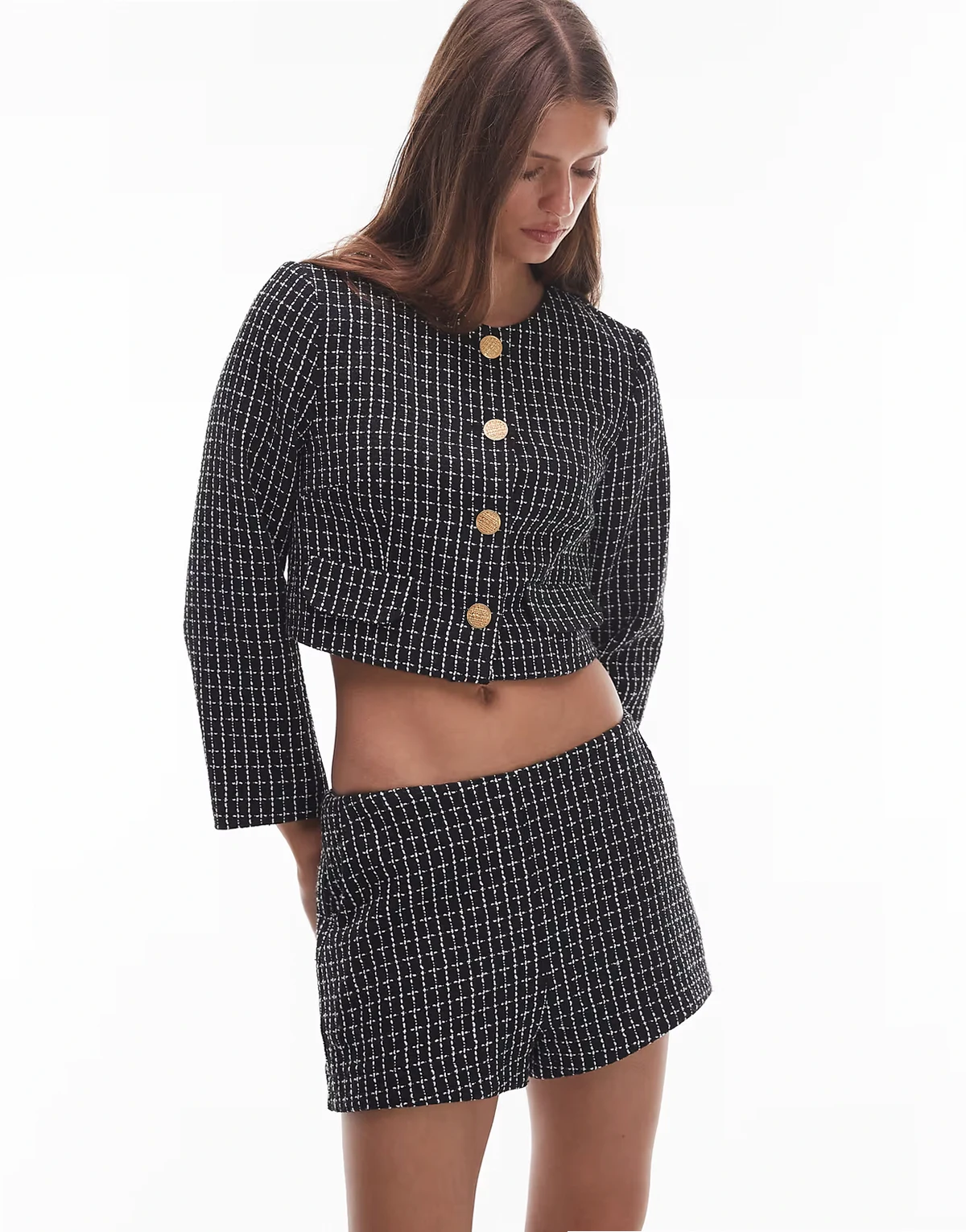 Seren cropped boucle button up jacket in black